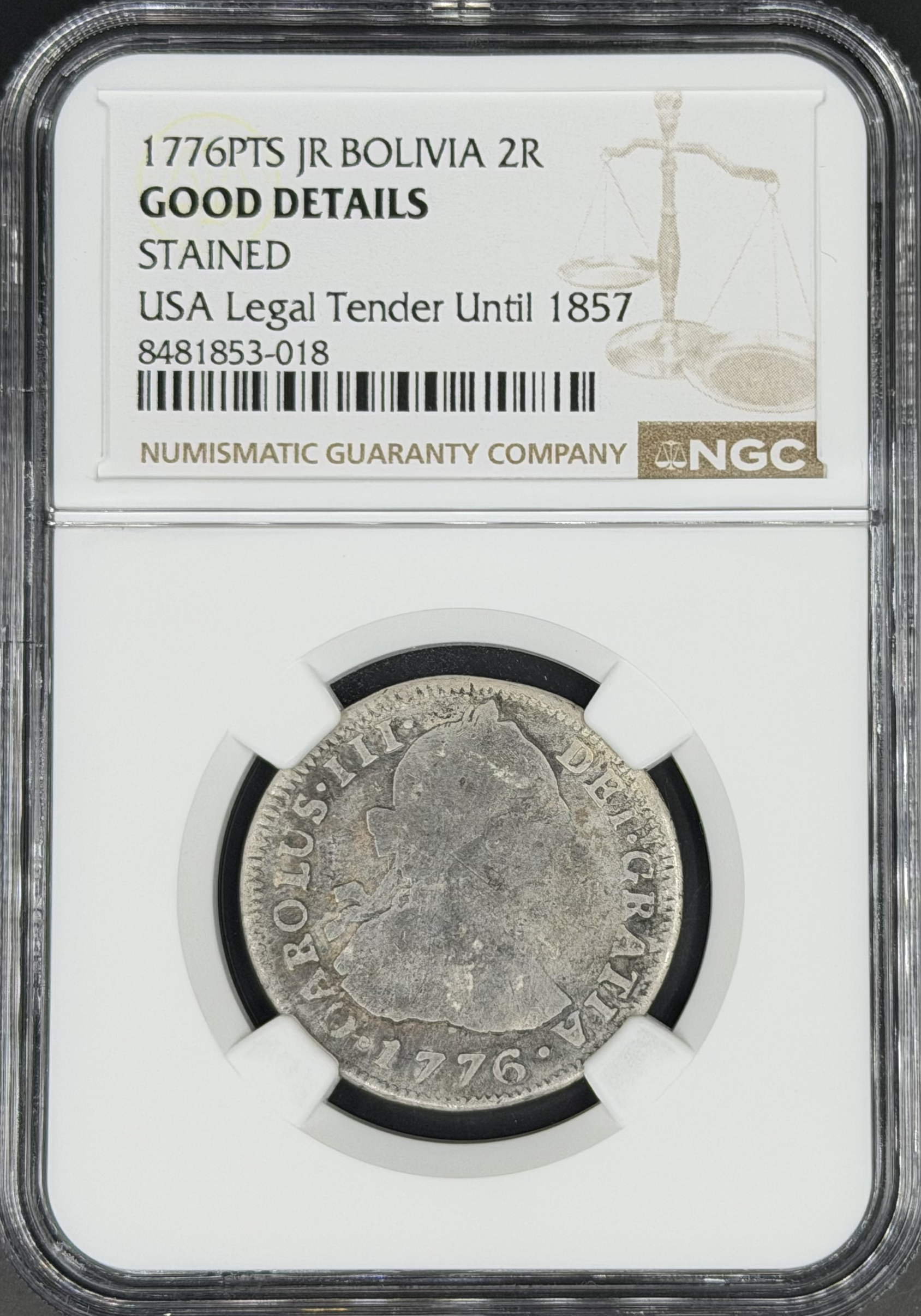 1776 PTS-JR 2 Reales Spanish Colonial Bolivia, Potosi NGC G *U.S. Legal Tender*