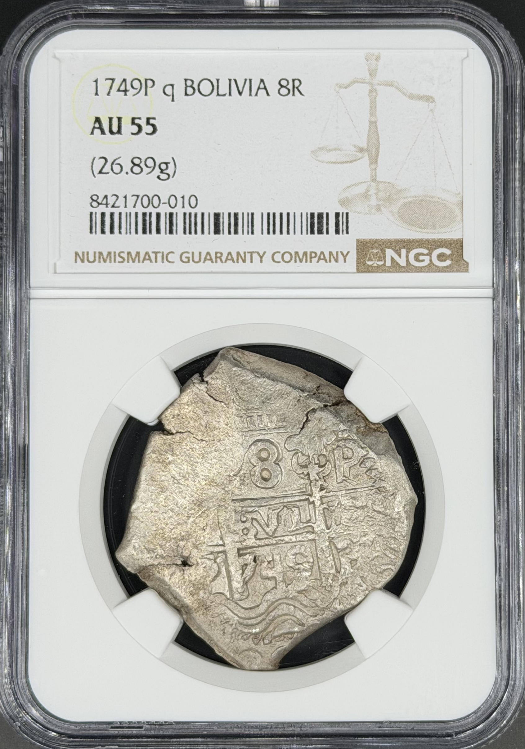 1749 P-q 8 Reales Cob Spanish Colonial Bolivia, Potosi NGC AU-55 *2 Dates*