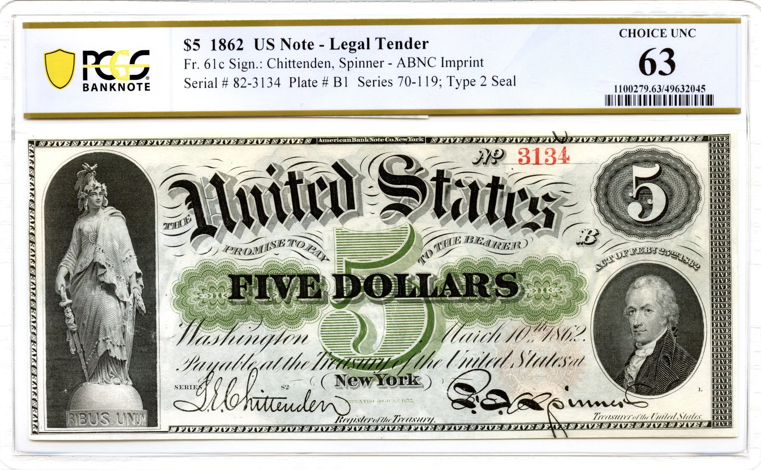 1862 $5 Legal Tender Note Fr#61c PCGS CU-63 *Exceptional*