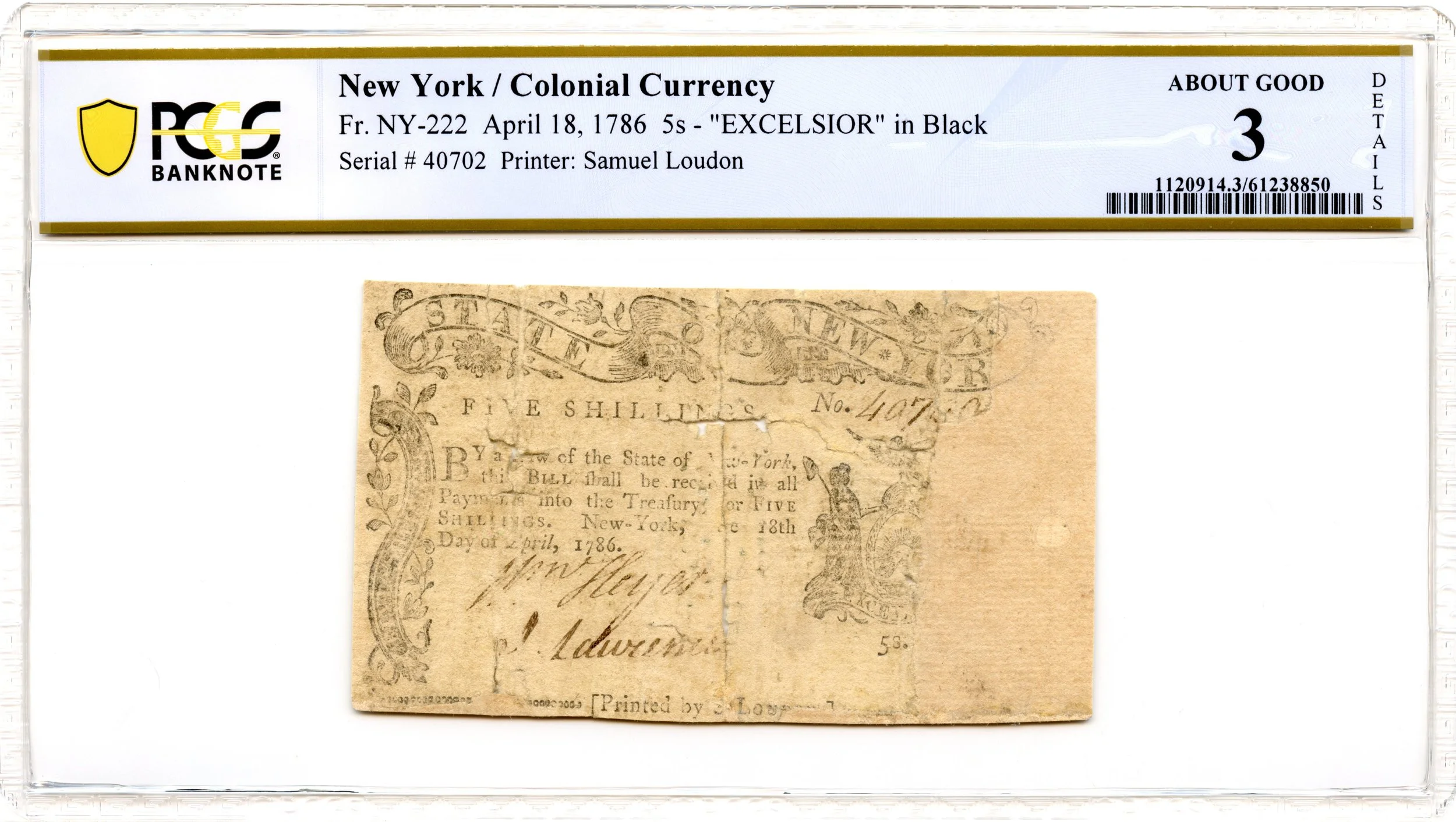 New York Colonial Note Fr#NY-222 April 18, 1786 5s PCGS AG-3 *9 Known*