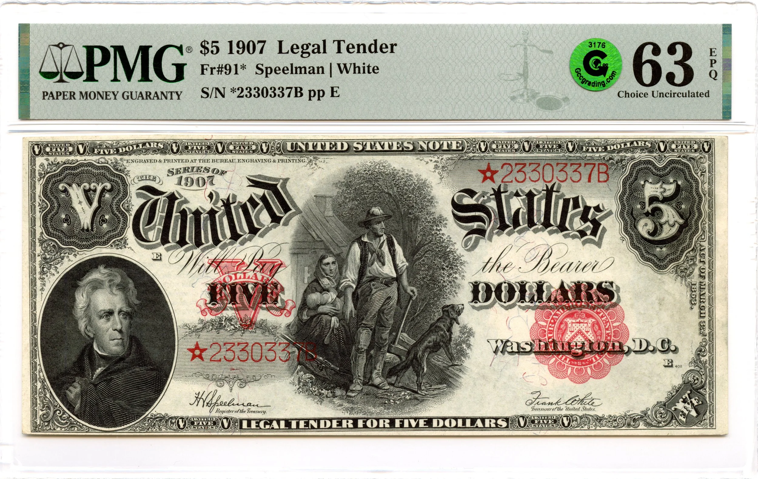 1907 $5 Legal Tender Note Fr#91* PMG CU-63 EPQ GCC Green *Woodchopper Star POP 3/2*