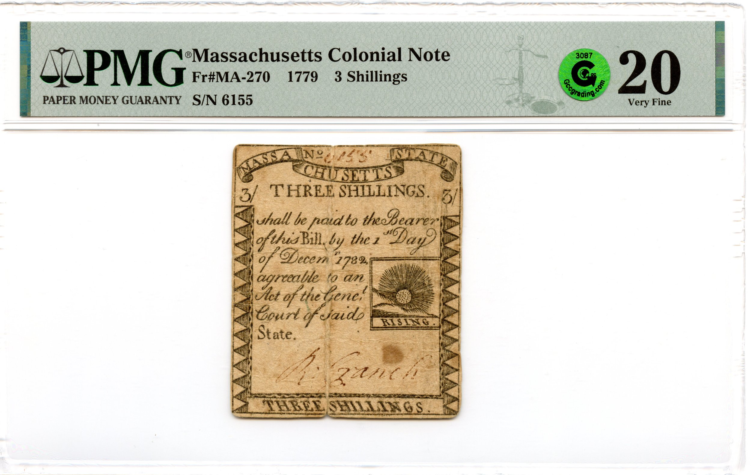 Massachusetts Colonial Note Fr#MA-270 1779 3s PMG VF-20 GCC Green *Paul Revere Sun*