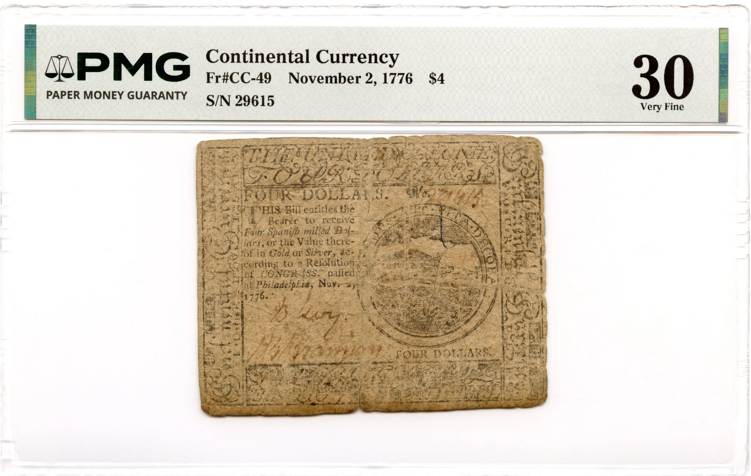 Continental Currency Fr#CC-49 November 2, 1776 $4 PMG VF-30 *Benjamin Levy Signature*