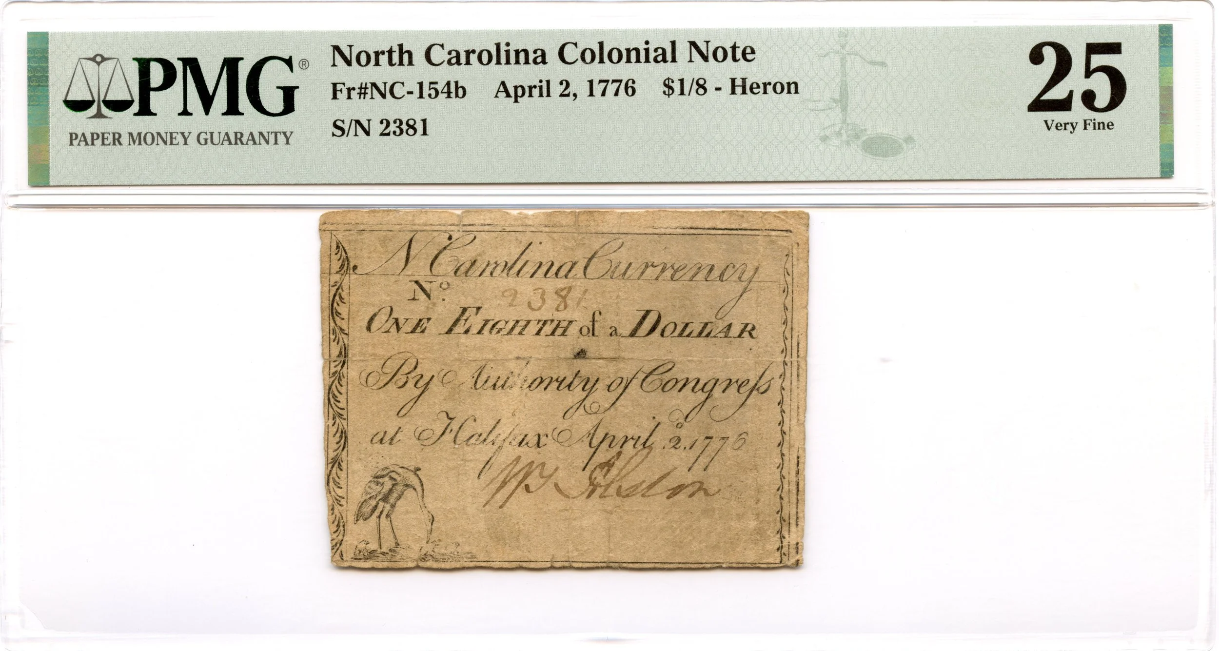 North Carolina Colonial Note Fr#NC-154b April 2, 1776 $1/8 Heron PMG VF-25 *5 Known*