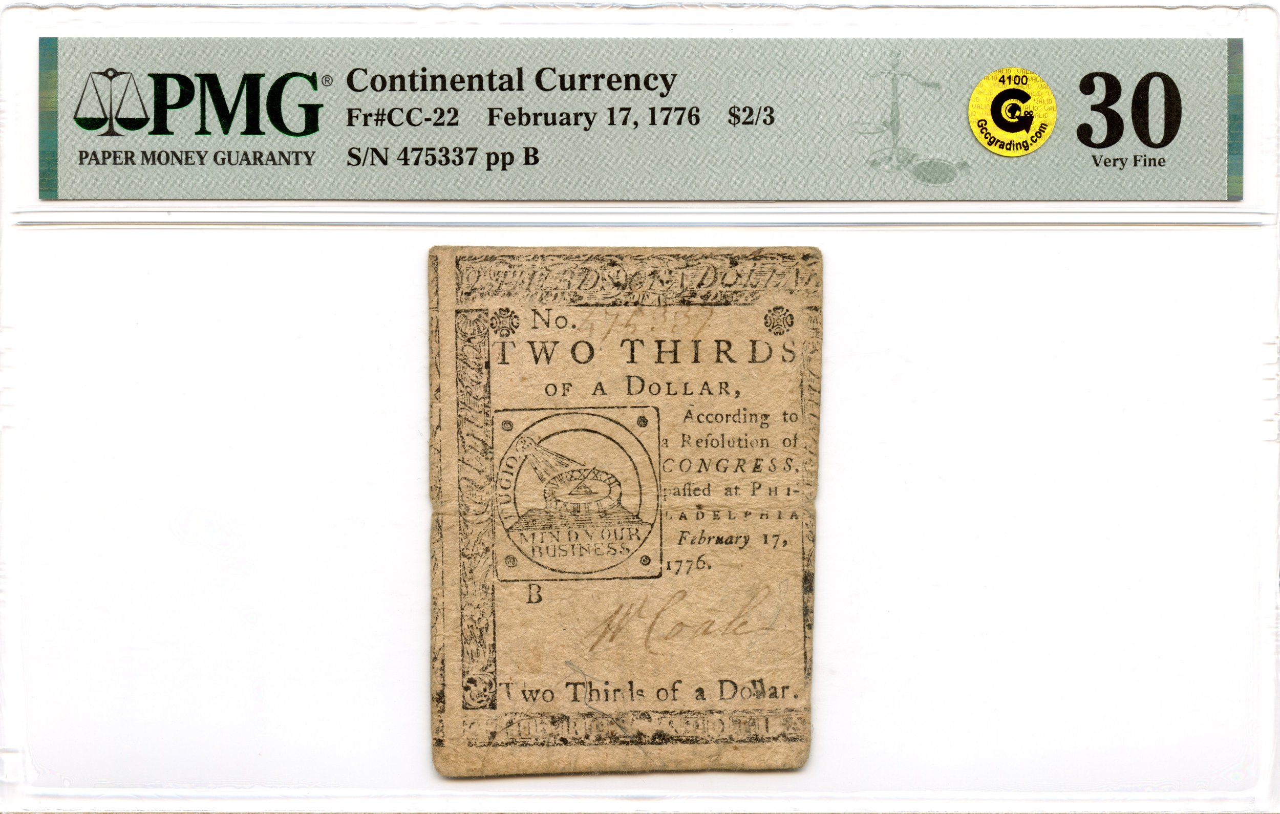 Continental Currency Fr#CC-22 February 17, 1776 $2/3 PMG VF-30 GCC Gold *Fugio Note*