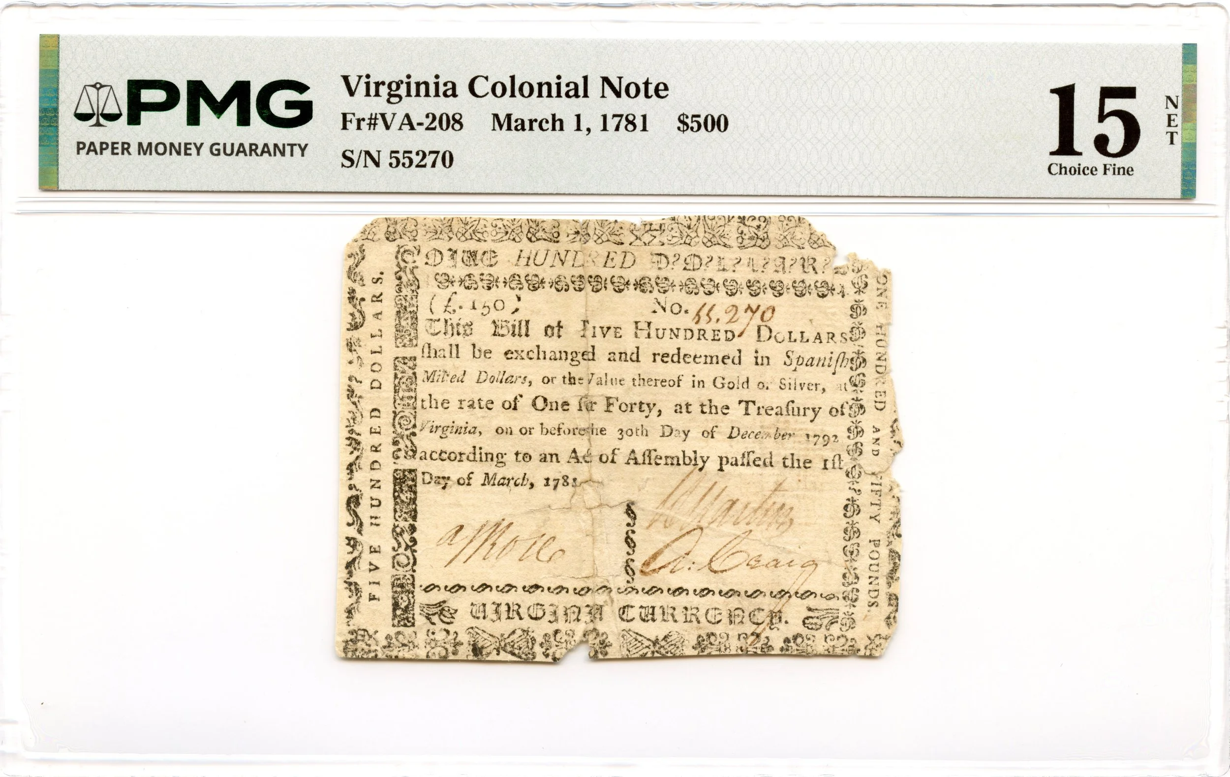 Virginia Colonial Note Fr#VA-208 March 1, 1781 $500 PMG F-15 *High Denomination*