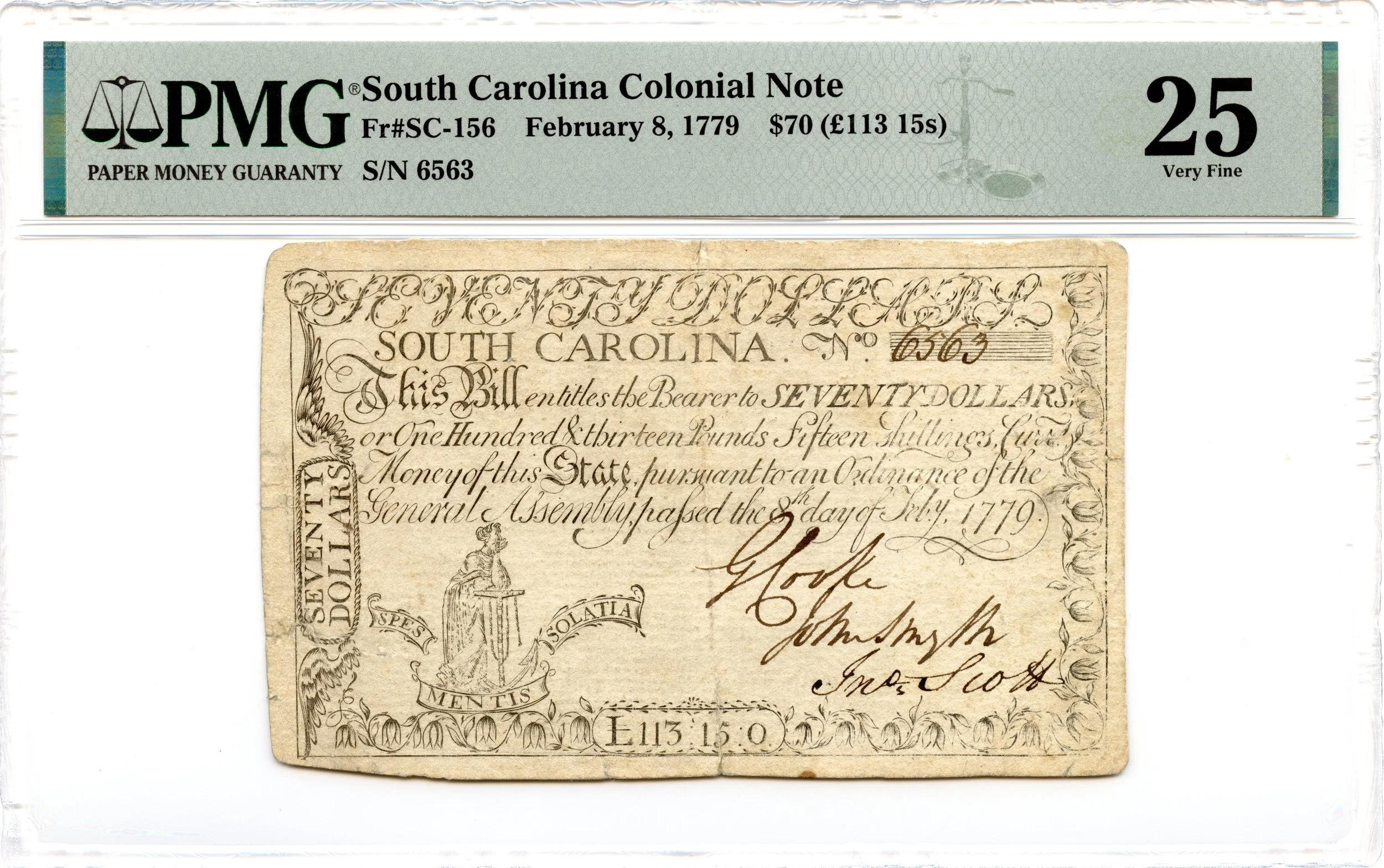 South Carolina Colonial Note Fr#SC-156 February 8, 1779 $70 PMG VF-25 *Prometheus*
