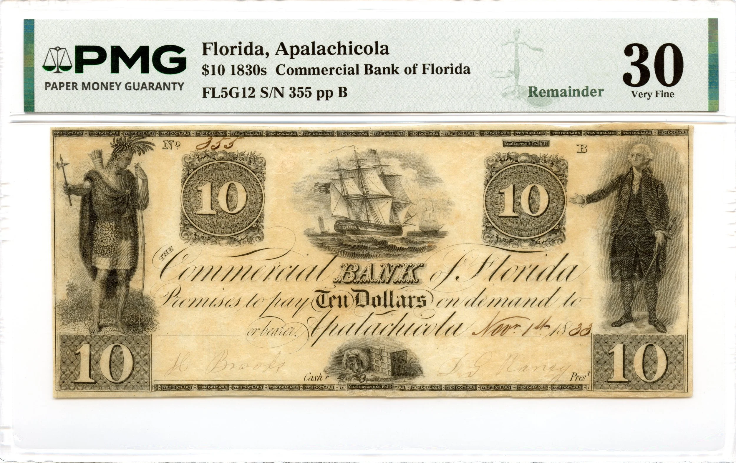 1833 $10 Apalachicola, Florida Obsolete Note Commercial Bank of Florida PMG VF-30