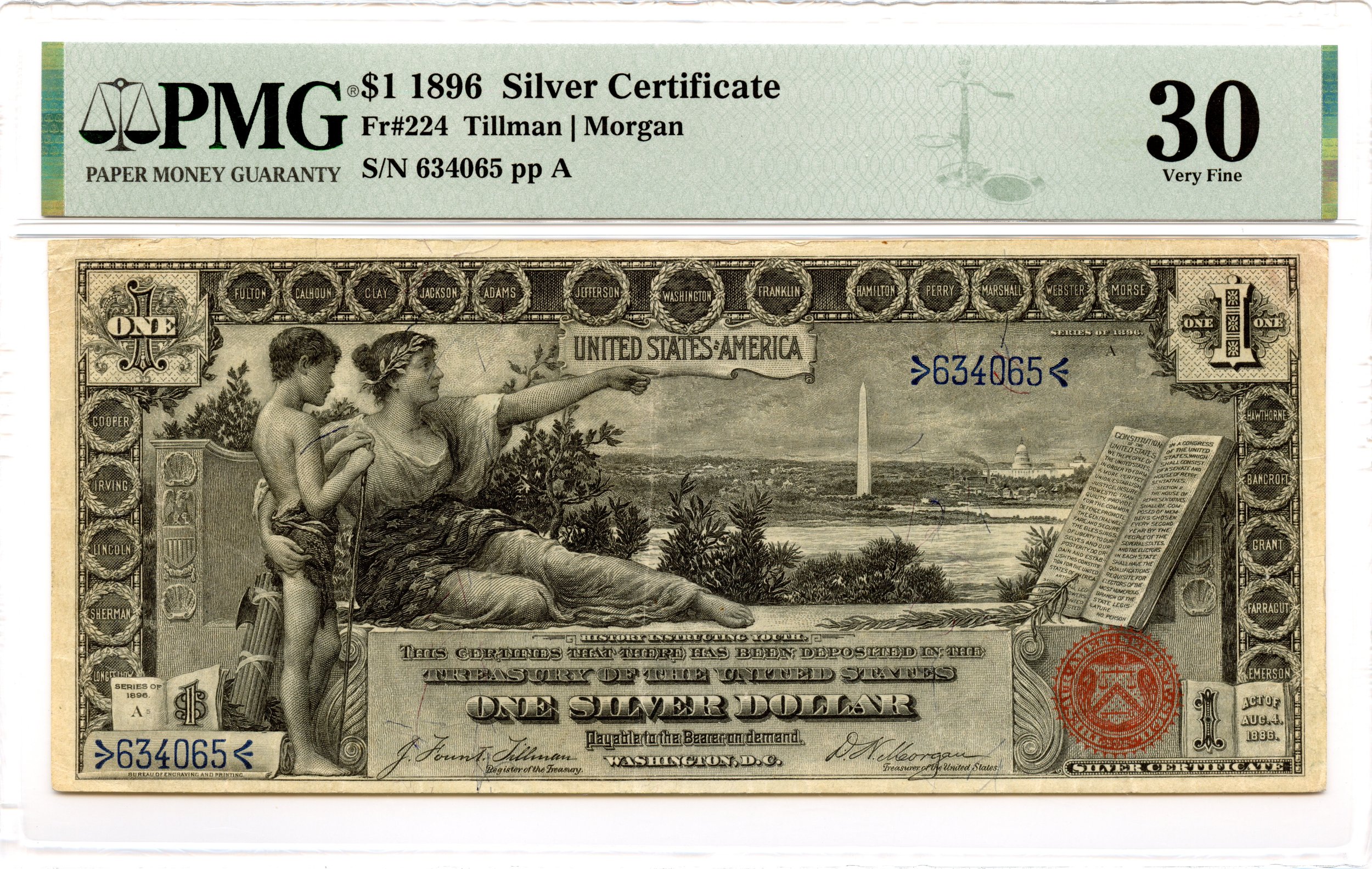 1896 $1 Silver Certificate Fr#224 PMG VF-30 Educational