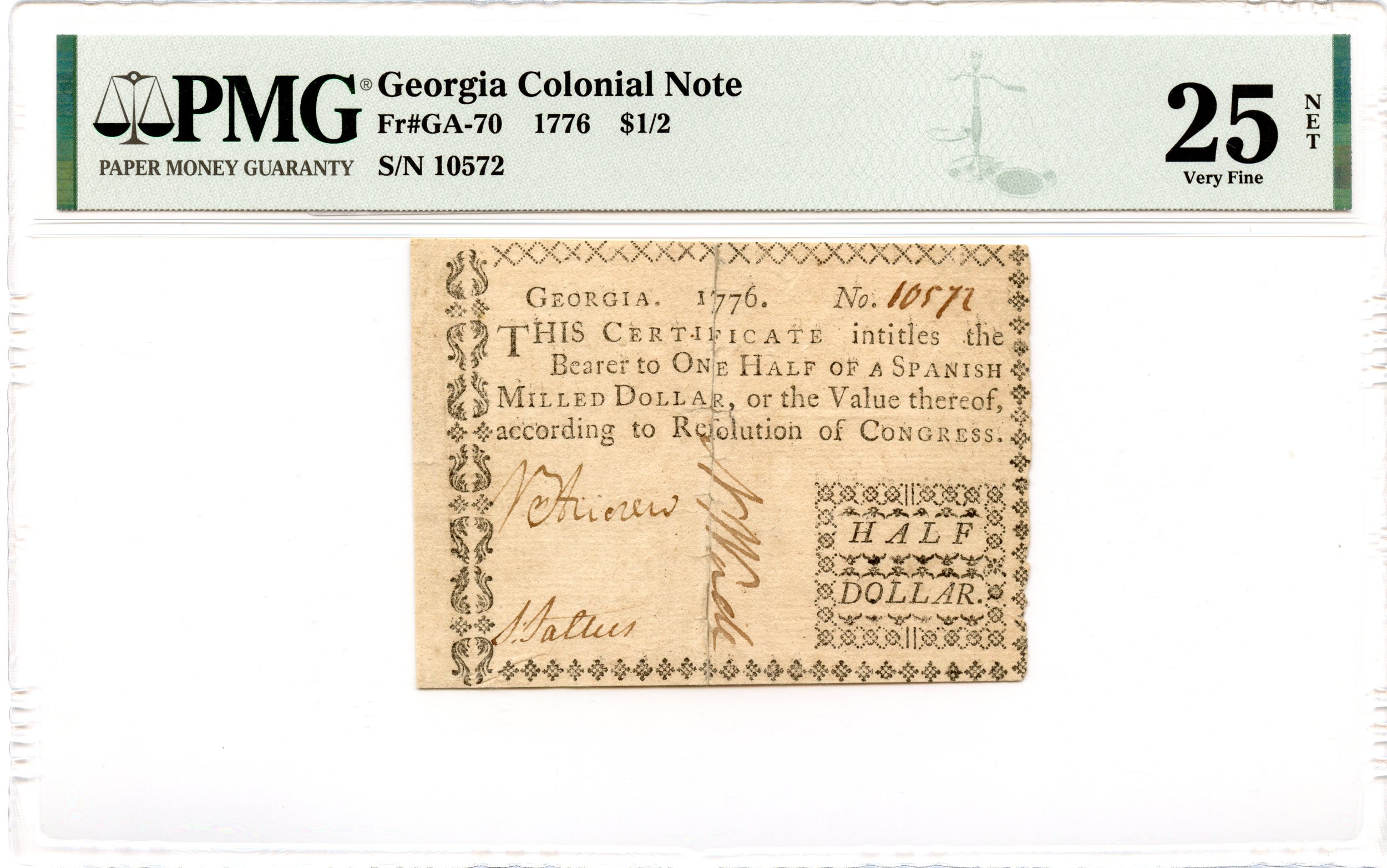 Georgia Colonial Note Fr#GA-70 1776 $1/2 PMG VF-25