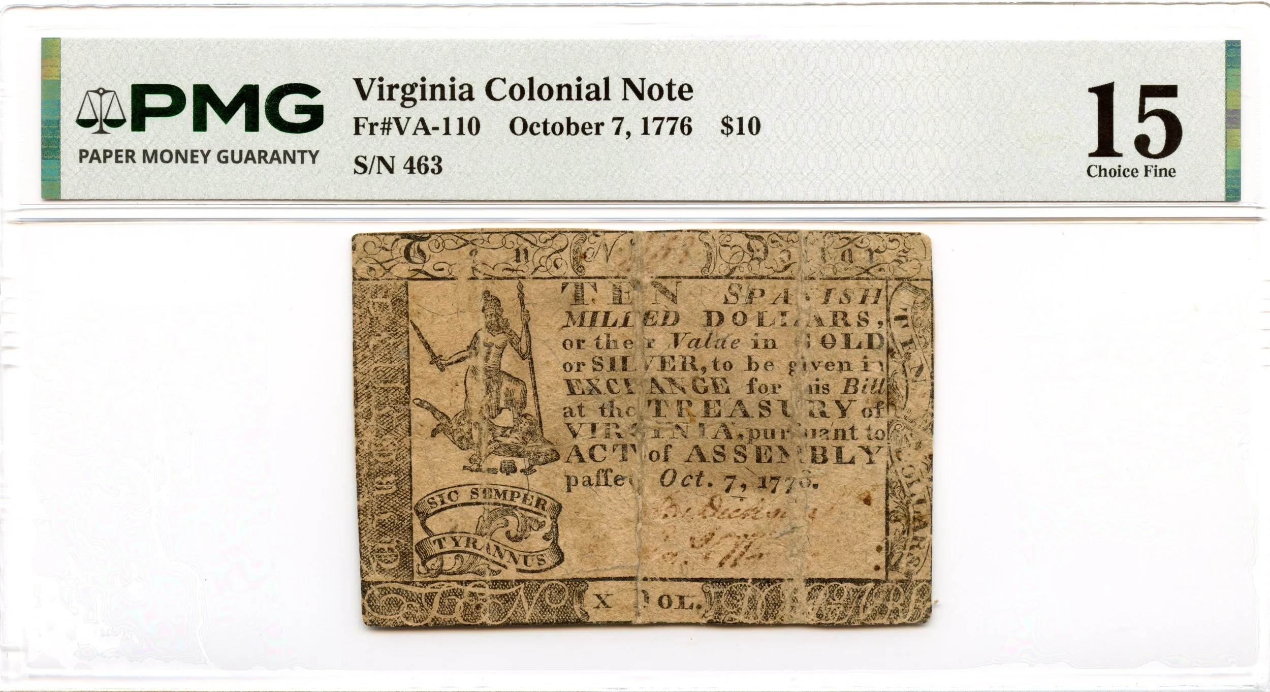 Virginia Colonial Note Fr#VA-110 October 7, 1776 $10 PMG F-15
