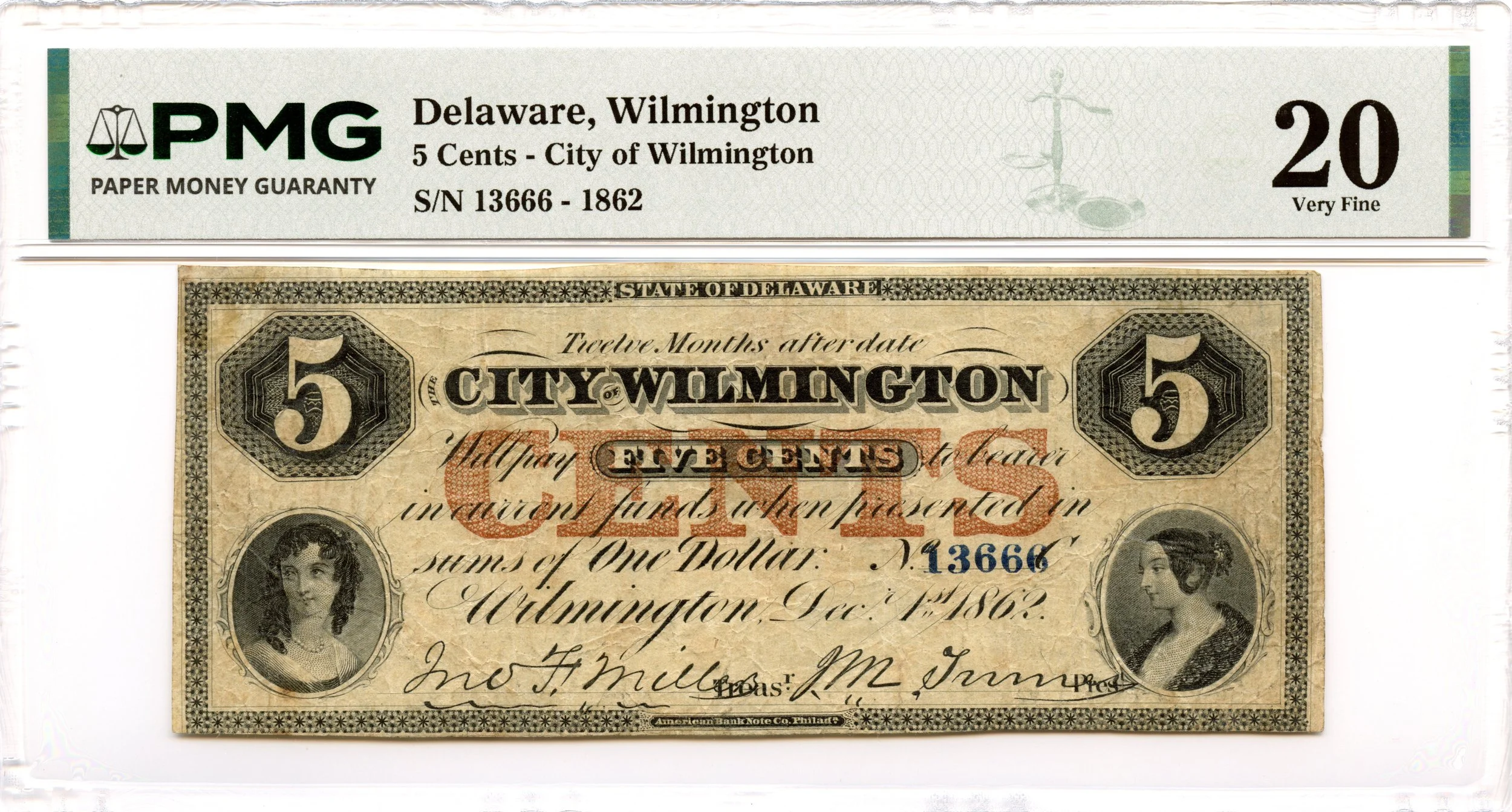 1862 5 Cents Wilmington, Delaware Obsolete Note City of Wilmington PMG VF-20