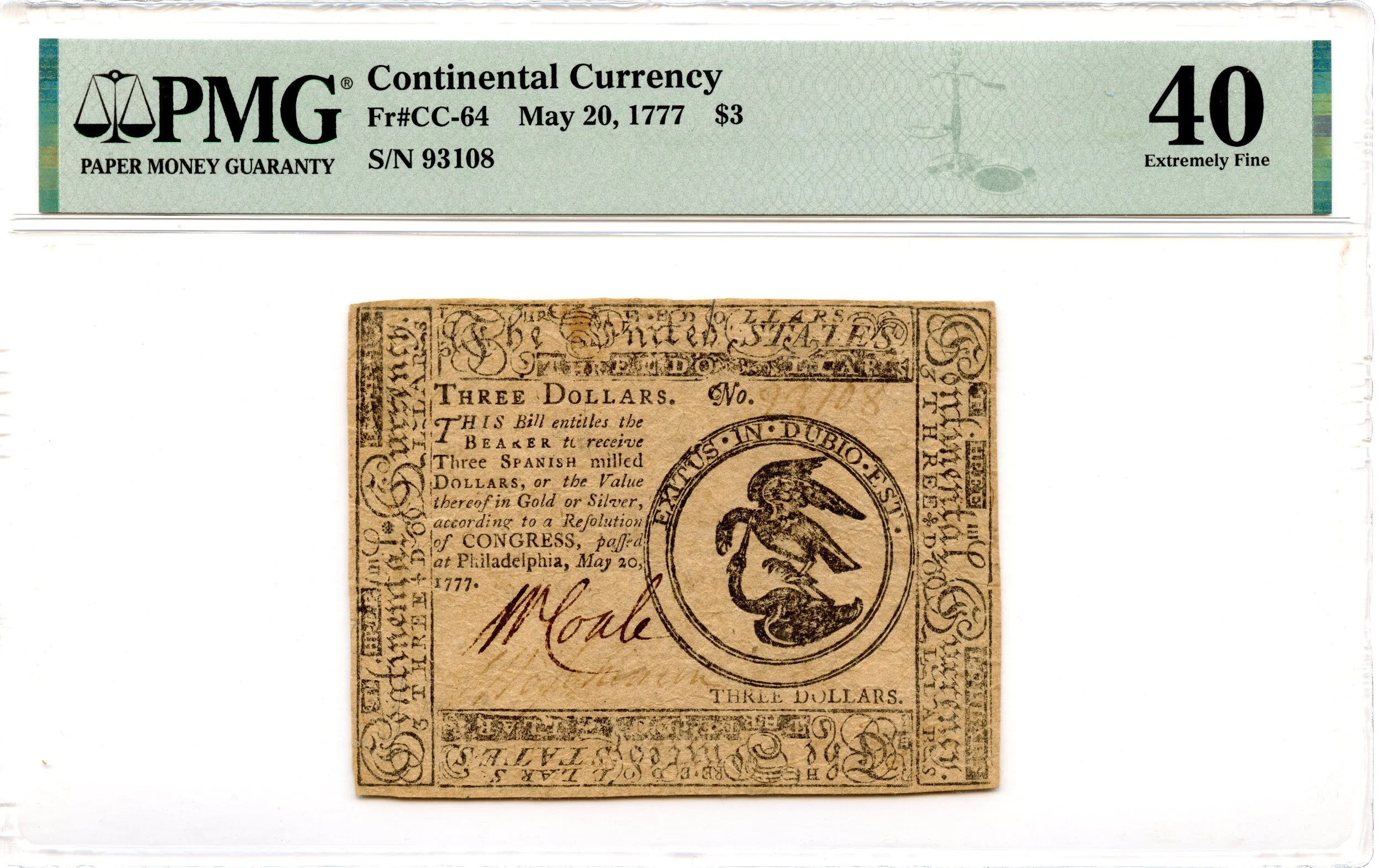 Continental Currency Fr#CC-64 May 20, 1777 $3 PMG XF-40 *Extremely Scarce*