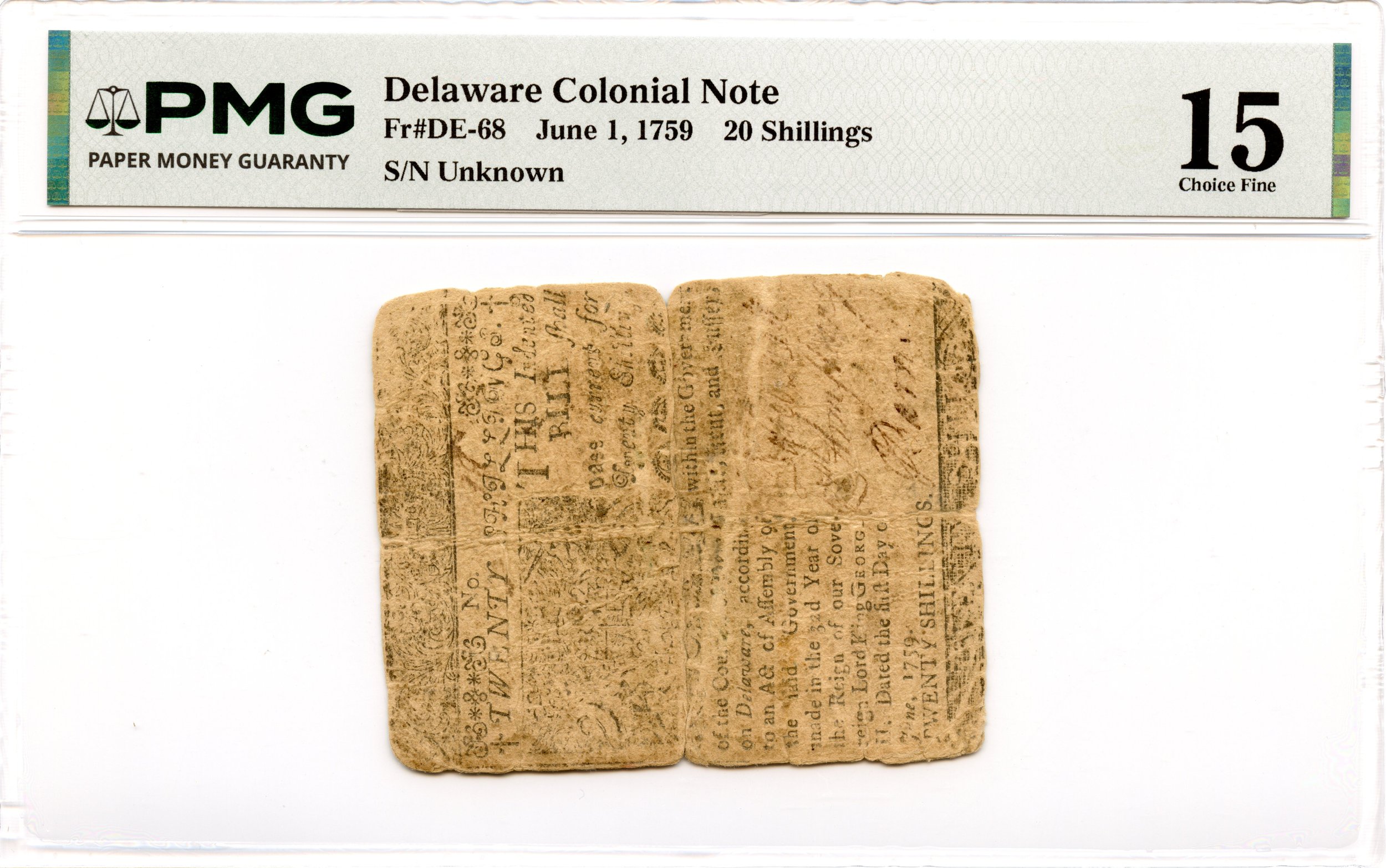 Delaware Colonial Note Fr#DE-68 June 1, 1759 20s PMG F-15 *Ben Franklin*