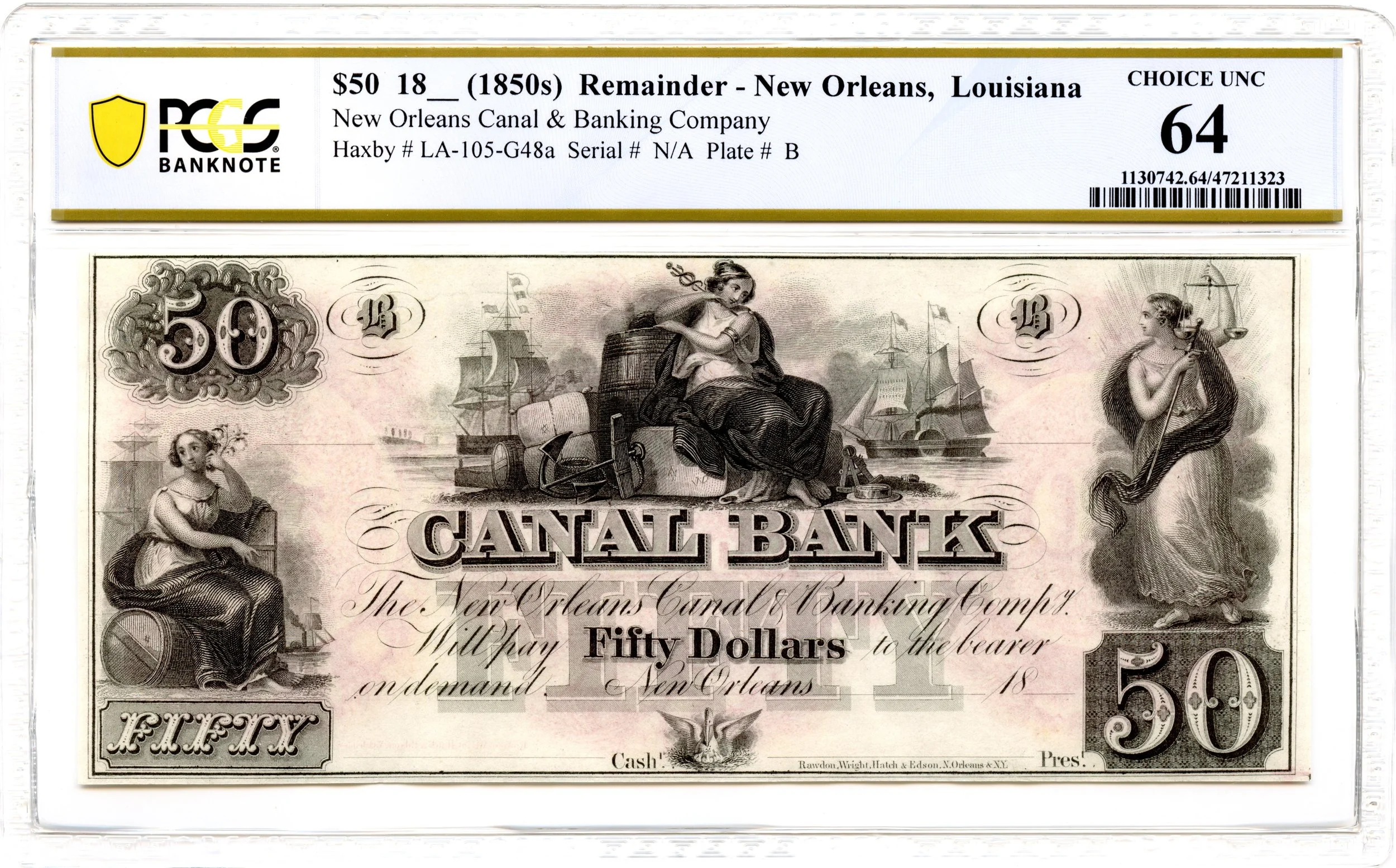 1850s $50 New Orleans, Louisiana Obsolete Note Canal Bank PCGS CU-64