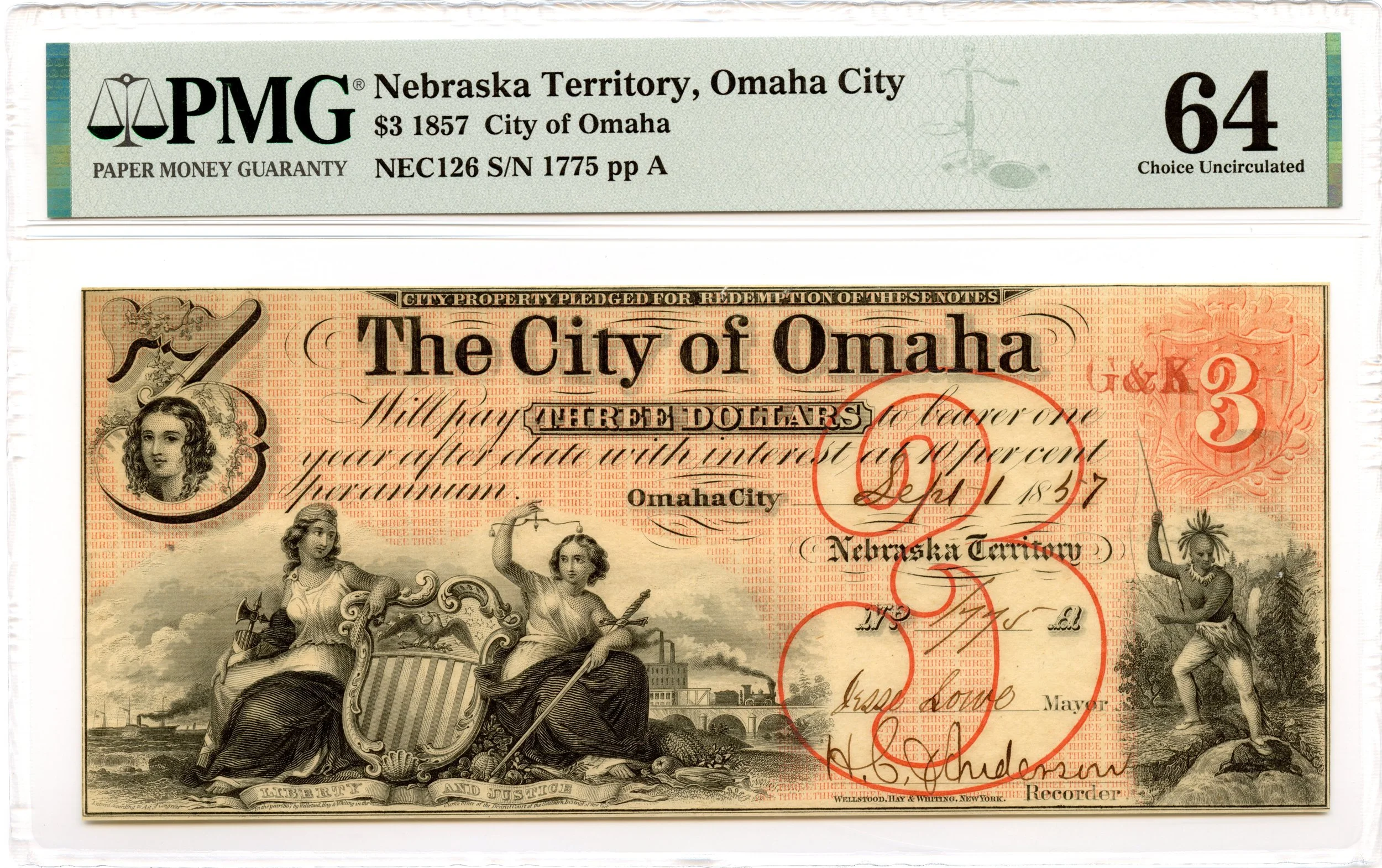 1857 $3 Omaha City, Nebraska Territory Obsolete Note City of Omaha PMG CU-64