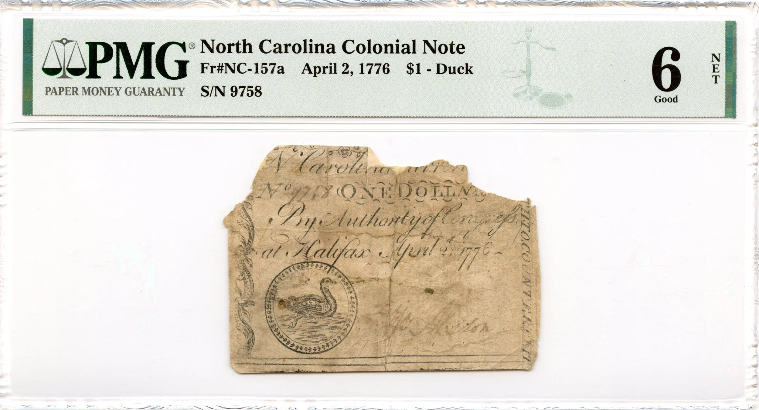 North Carolina Colonial Note Fr#NC-157a April 2, 1776 $1 Duck PMG G-6 *11 Known*