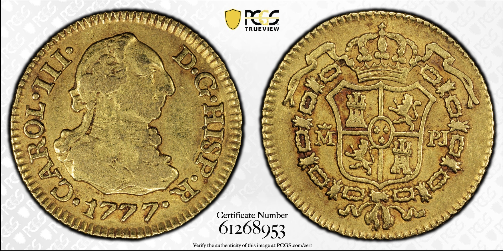 1777 M-PJ 1/2 Escudo Gold Spain Madrid PCGS XF-45