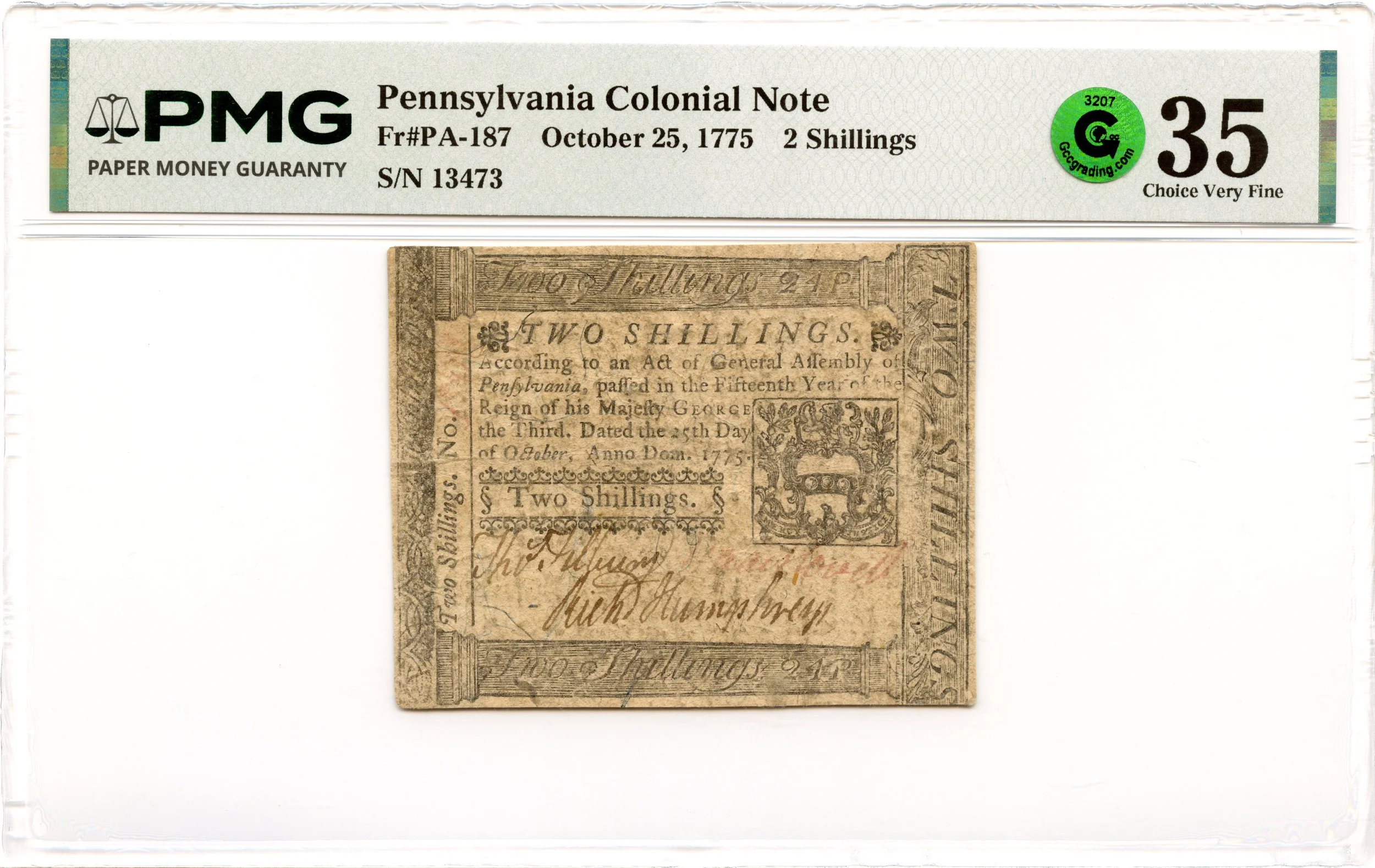 Pennsylvania Colonial Note Fr#PA-187 October 25, 1775 2s PMG VF-35 GCC Green