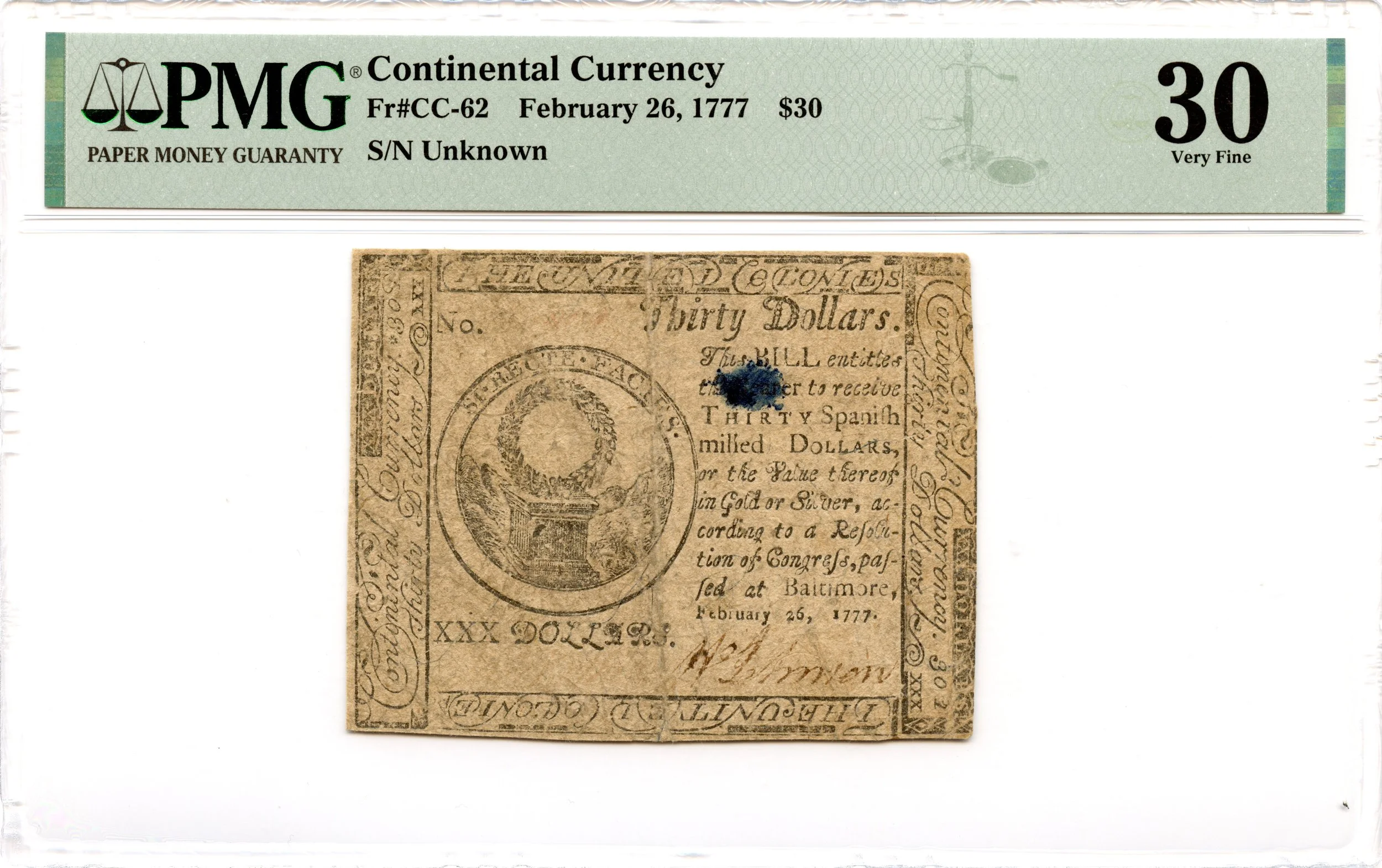 Continental Currency Fr#CC-62 February 26, 1777 $30 PMG VF-30 *Baltimore*