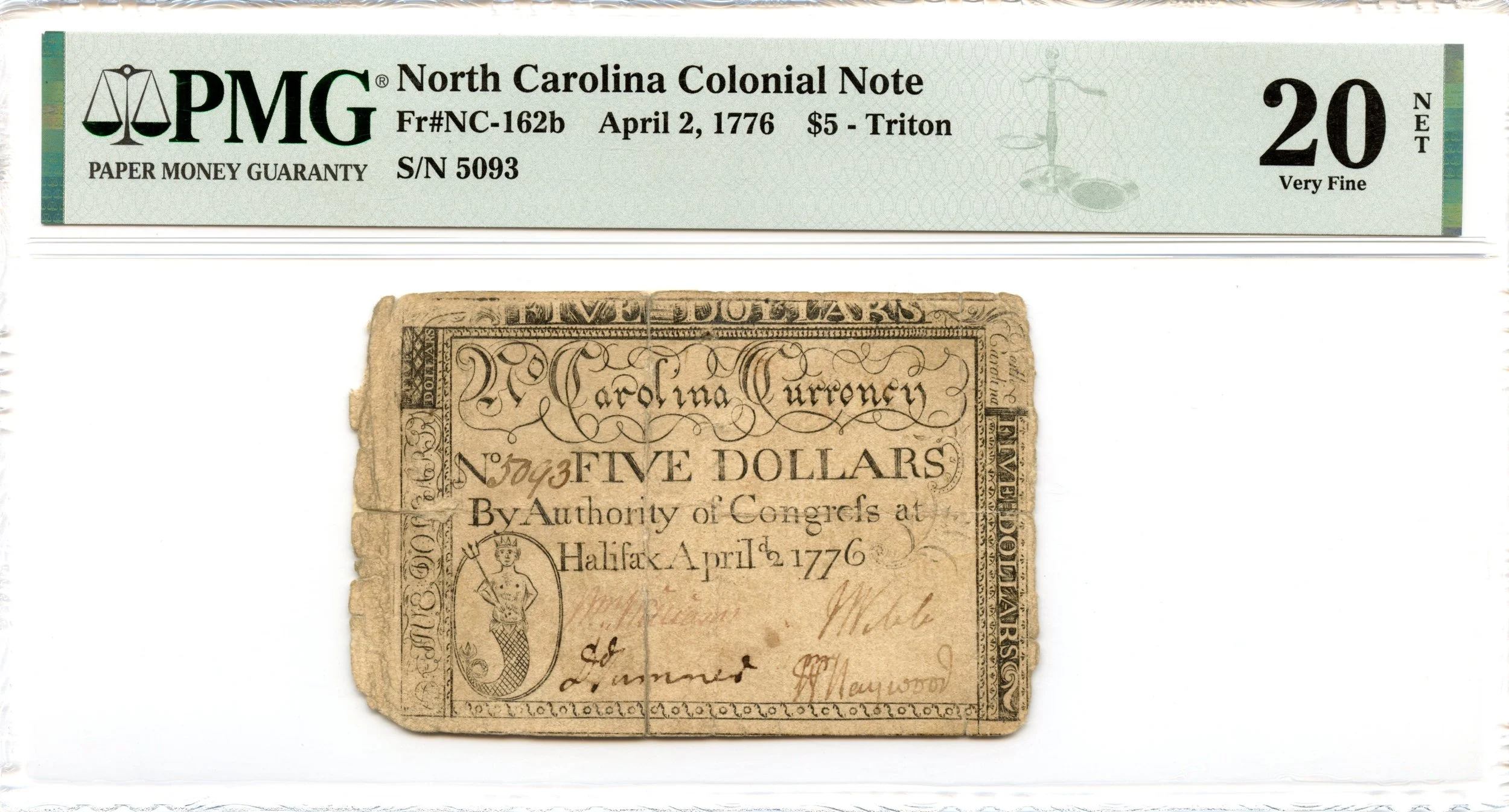 North Carolina Colonial Note Fr#NC-162b April 2, 1776 $5 PMG VF-20 *Triton*