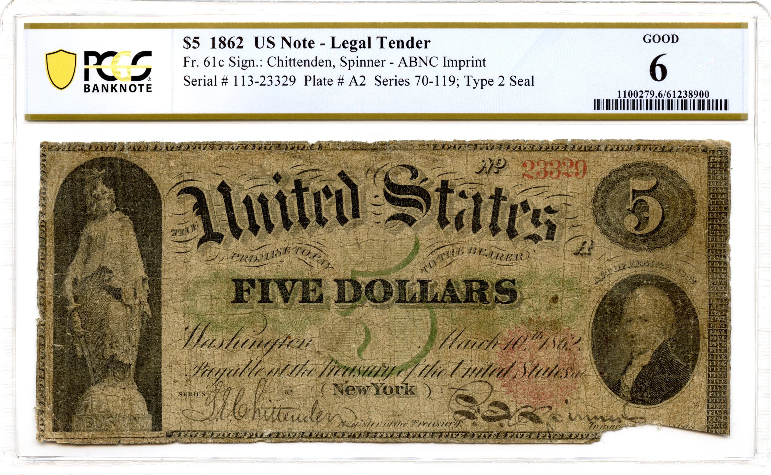 1862 $5 Legal Tender Note Fr#61c PCGS G-6