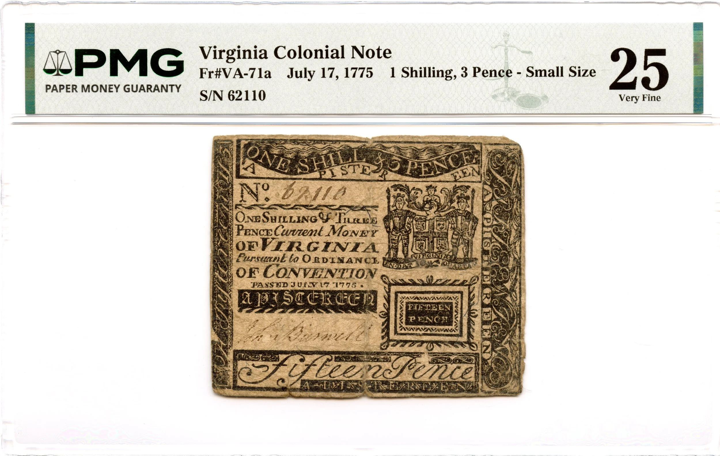 Virginia Colonial Note Fr#VA-71a July 17, 1775 1s3d PMG VF-25