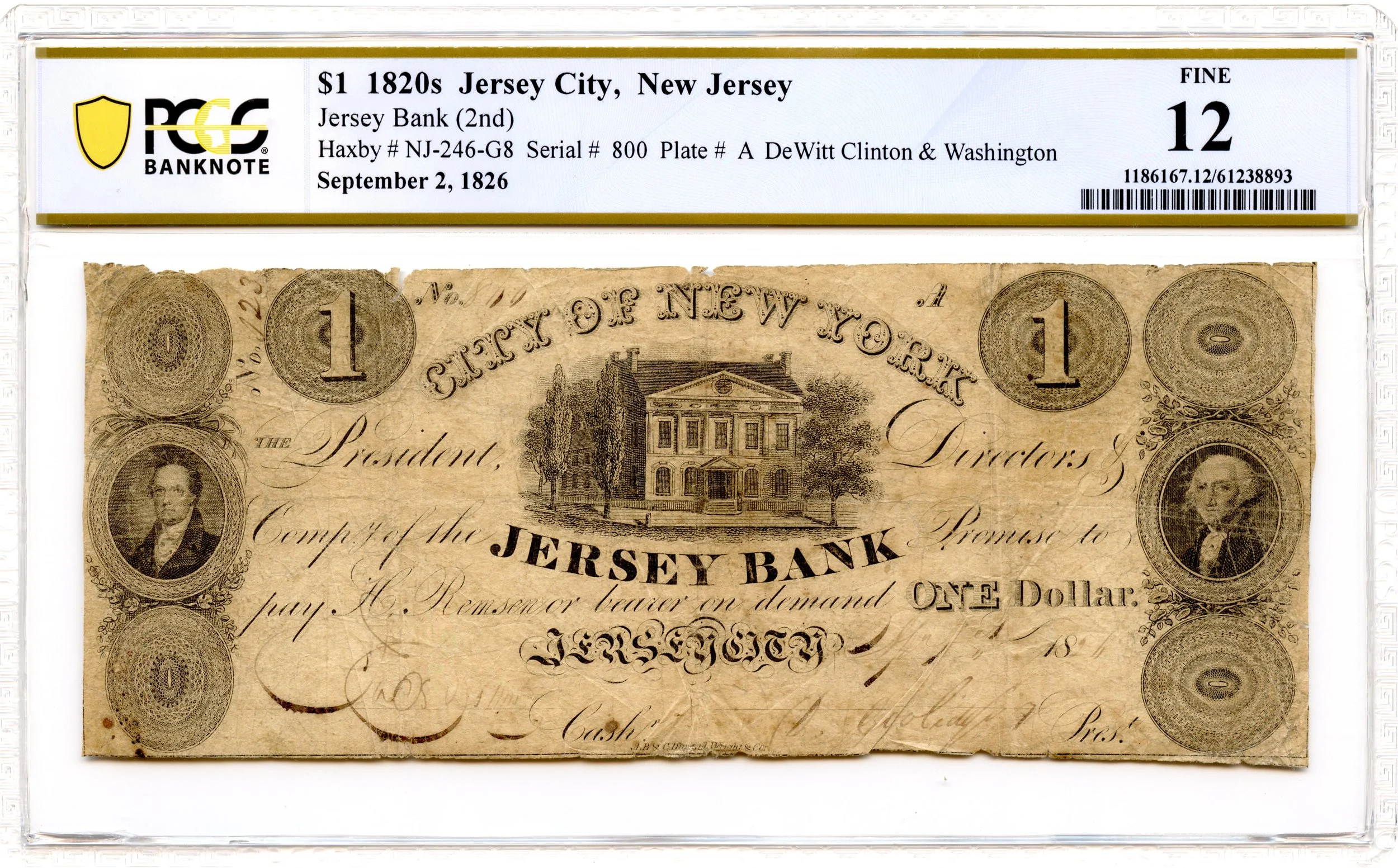1826 $1 Jersey City, New Jersey Obsolete Note Jersey Bank PCGS F-12