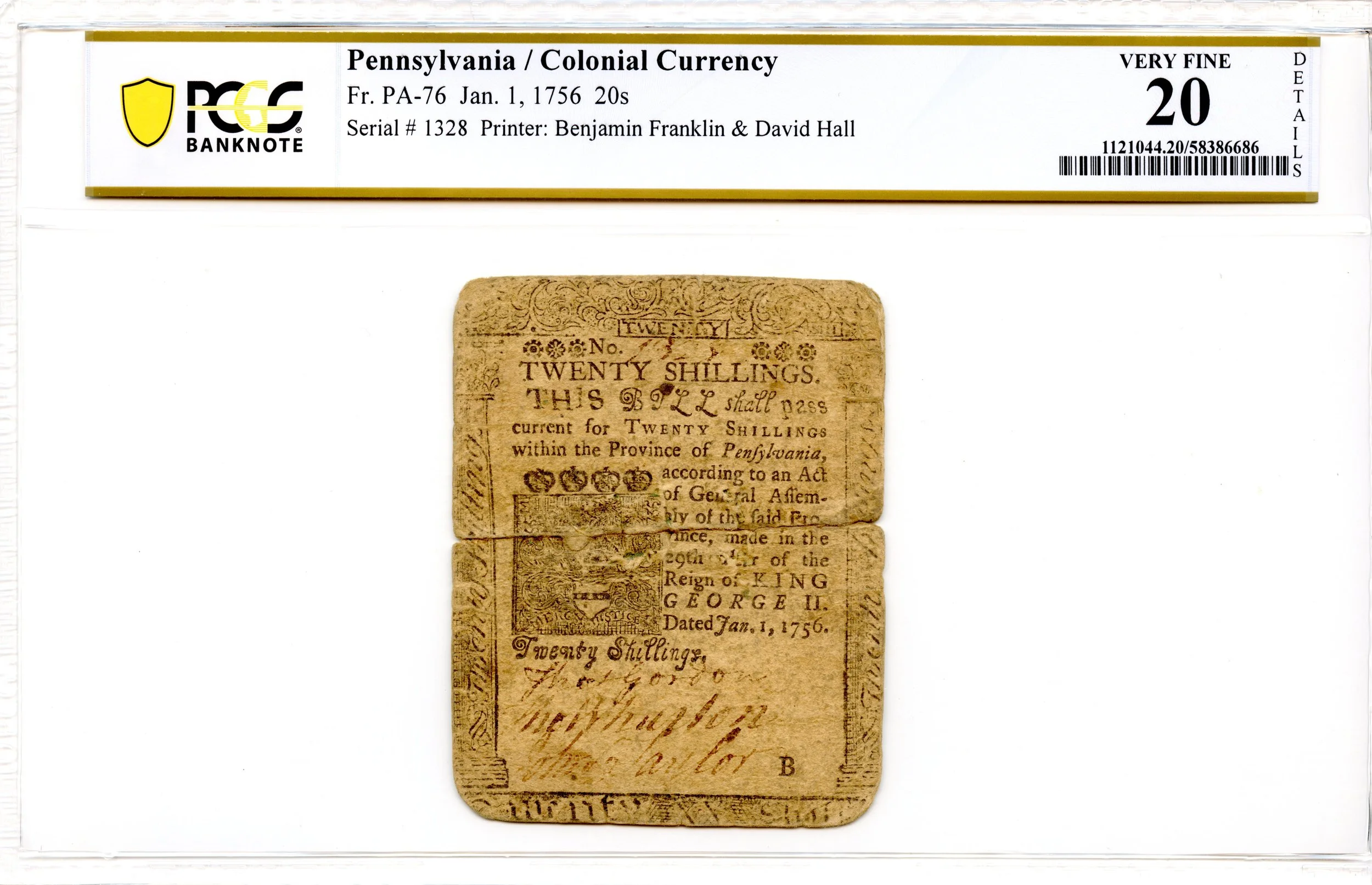 Pennsylvania Colonial Note Fr#PA-76 January 1, 1756 20s PCGS VF-20 *Ben Franklin*