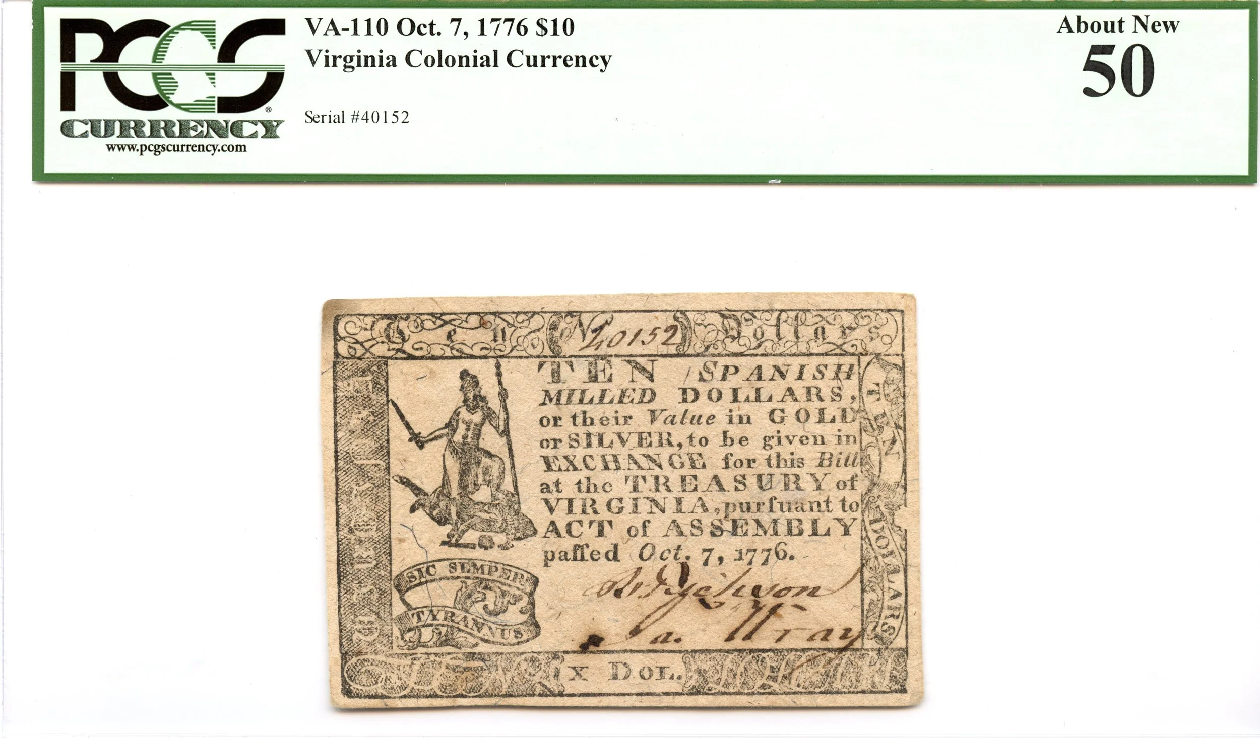 Virginia Colonial Note Fr#VA-110 October 7, 1776 $10 PCGS AU-50