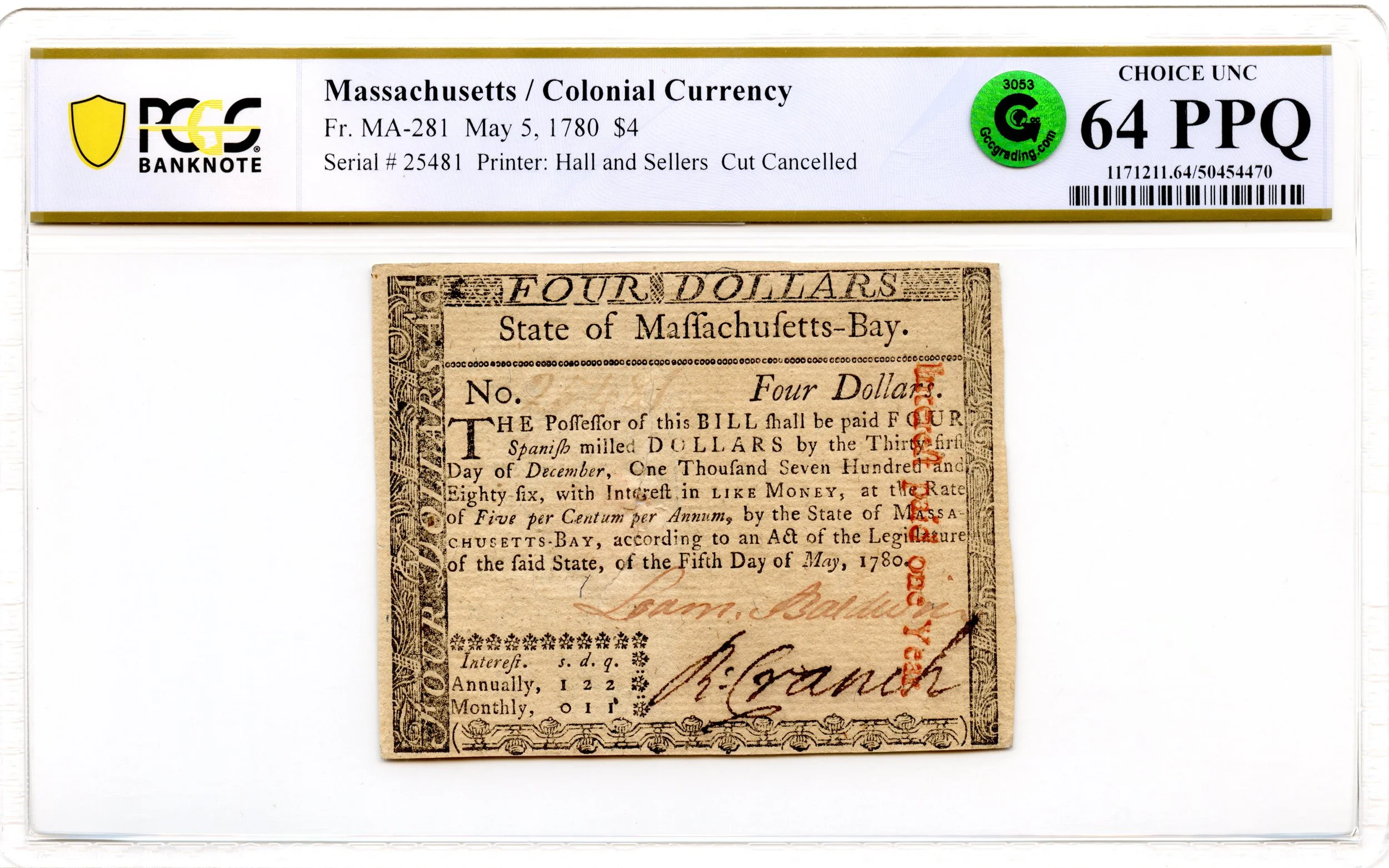 Massachusetts Colonial Note Fr#MA-281 May 5, 1780 $4 PCGS CU-64 PPQ GCC Green