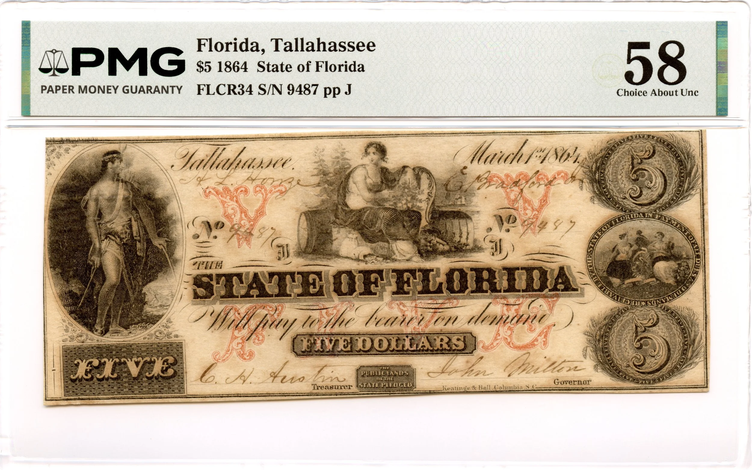1864 $5 Tallahassee, Florida Obsolete Note State of Florida PMG AU-58