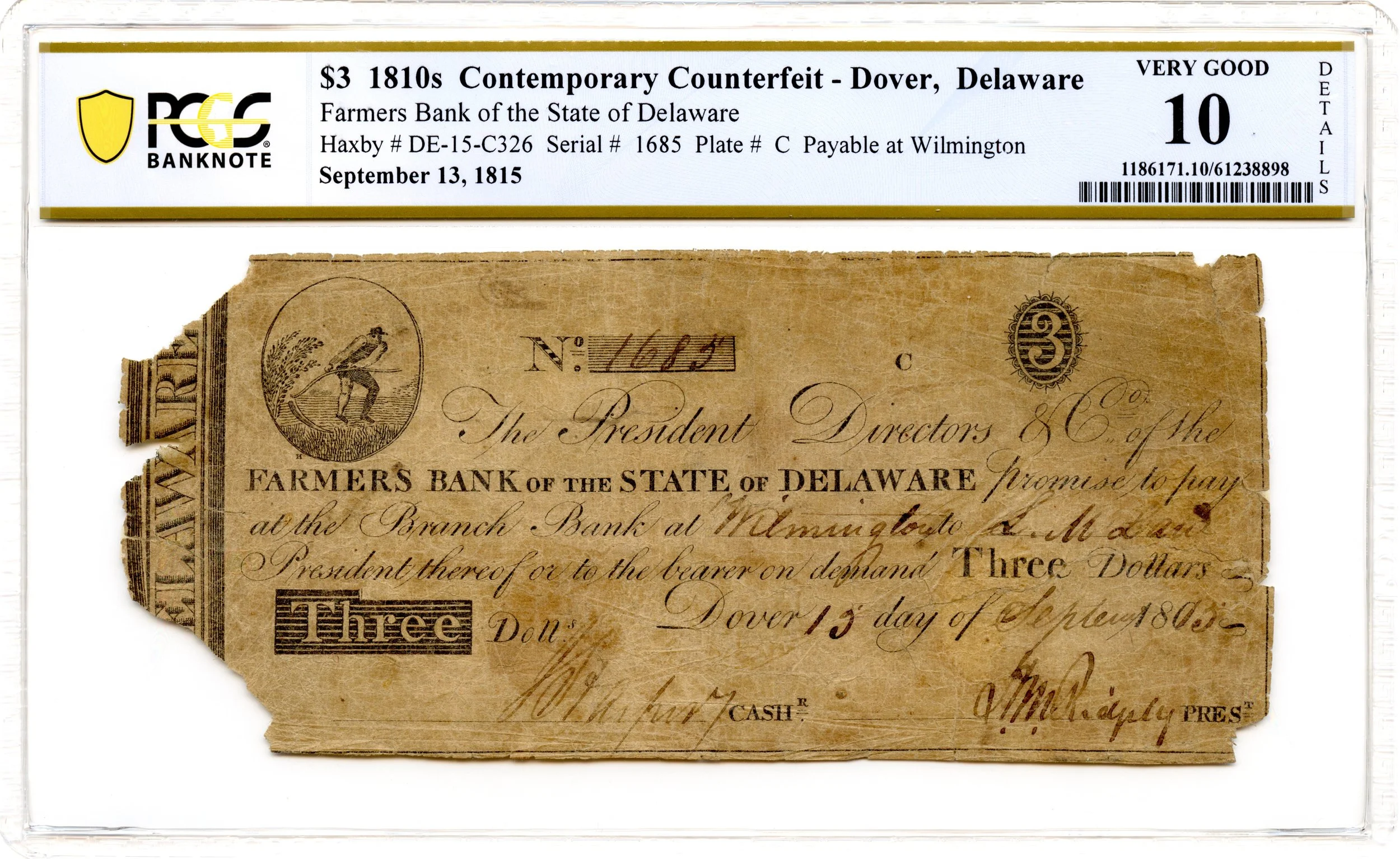 1815 $3 Dover, Delaware Obsolete Note Farmers Bank PCGS VG-10 *Contemporary Counterfeit*
