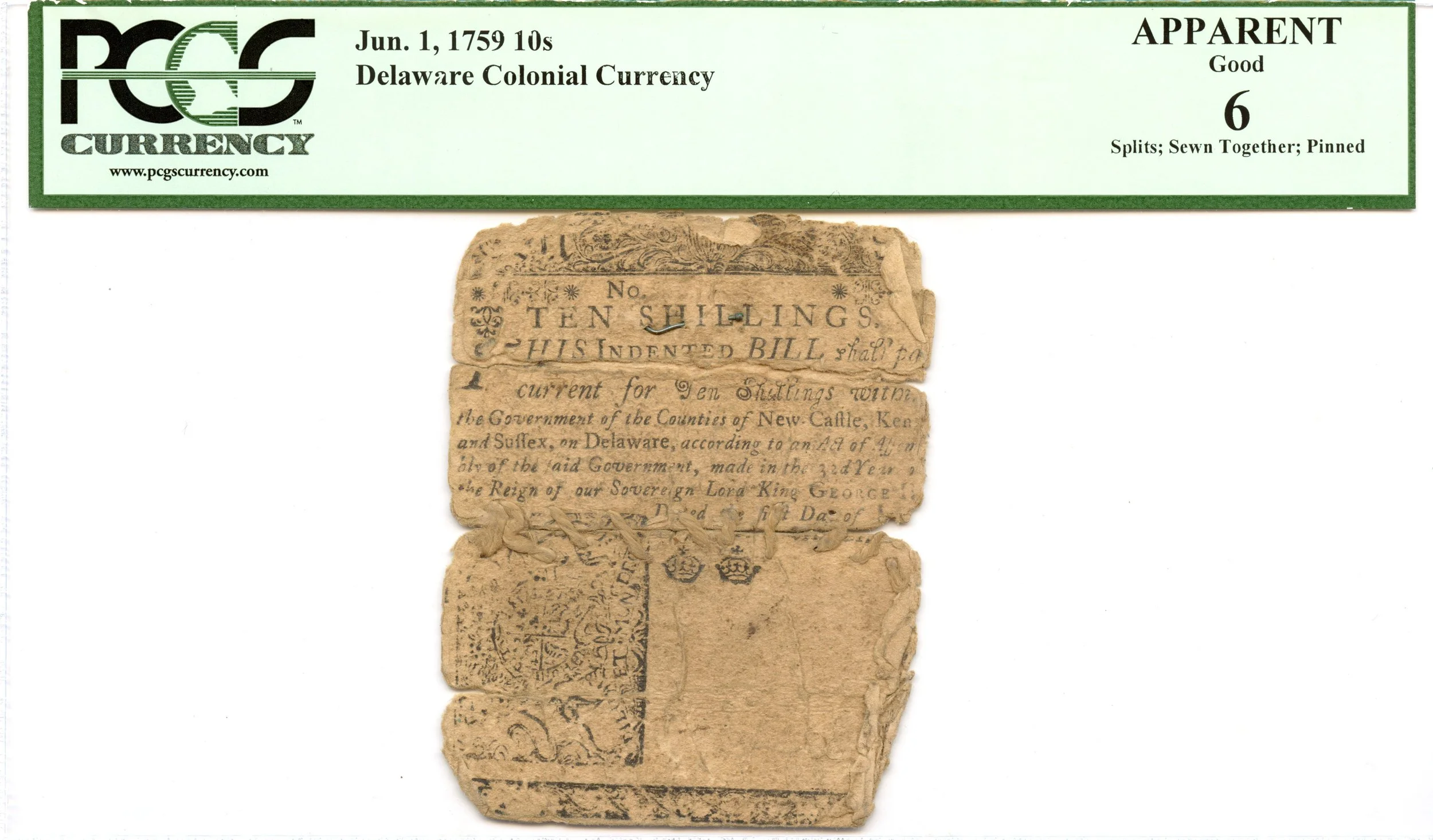 Delaware Colonial Note Fr#DE-66 June 1, 1759 10s PCGS G-6 *Ben Franklin*