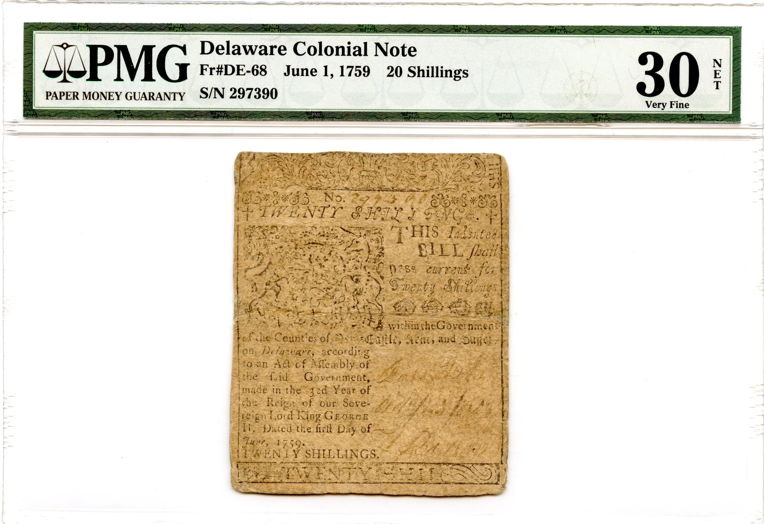 Delaware Colonial Note Fr#DE-68 June 1, 1759 20s PMG VF-30 *Ben Franklin*
