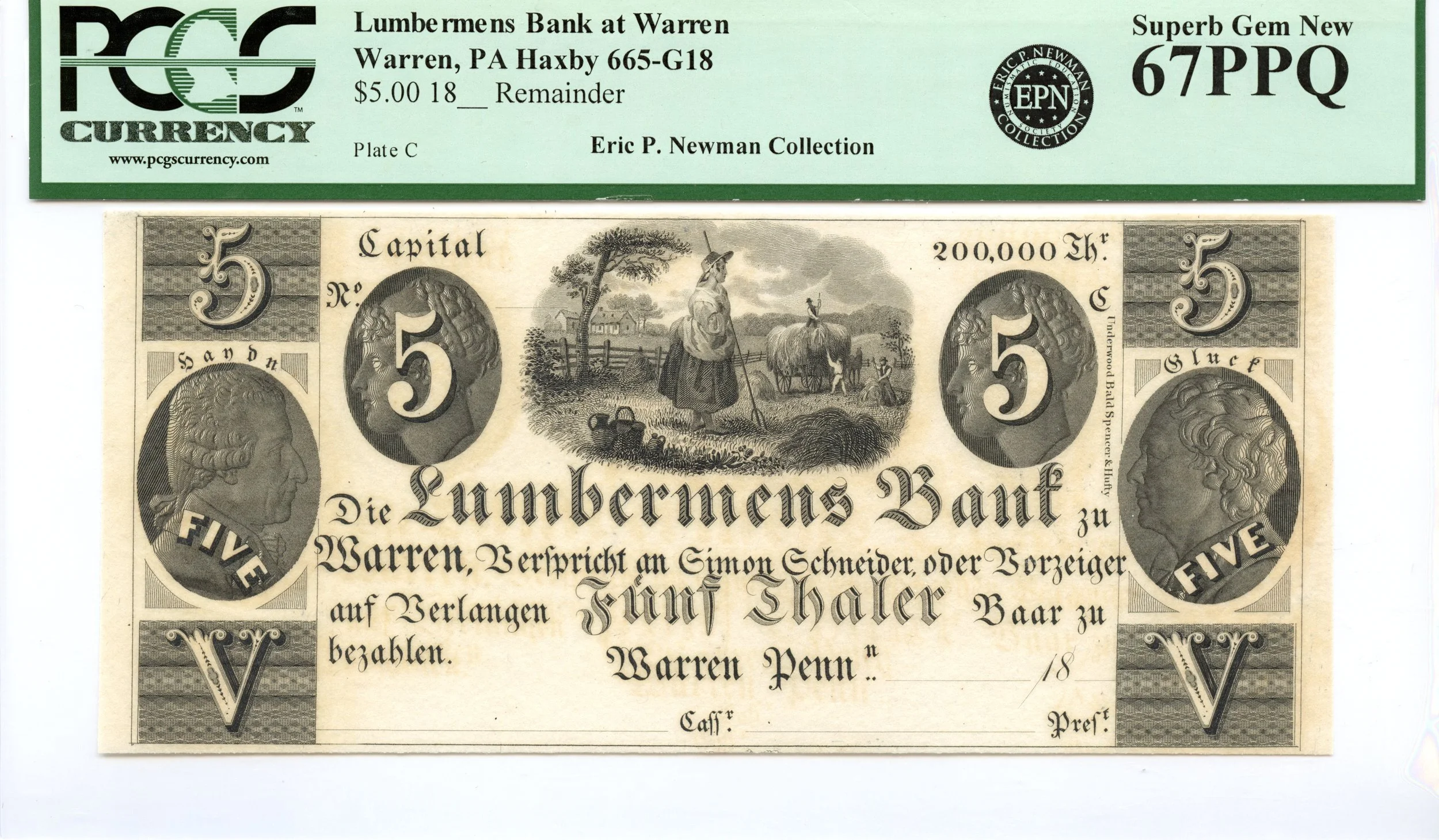 18XX $5 Warren, Pennsylvania Obsolete Note Lumbermens Bank PCGS Superb GEM 67 PPQ