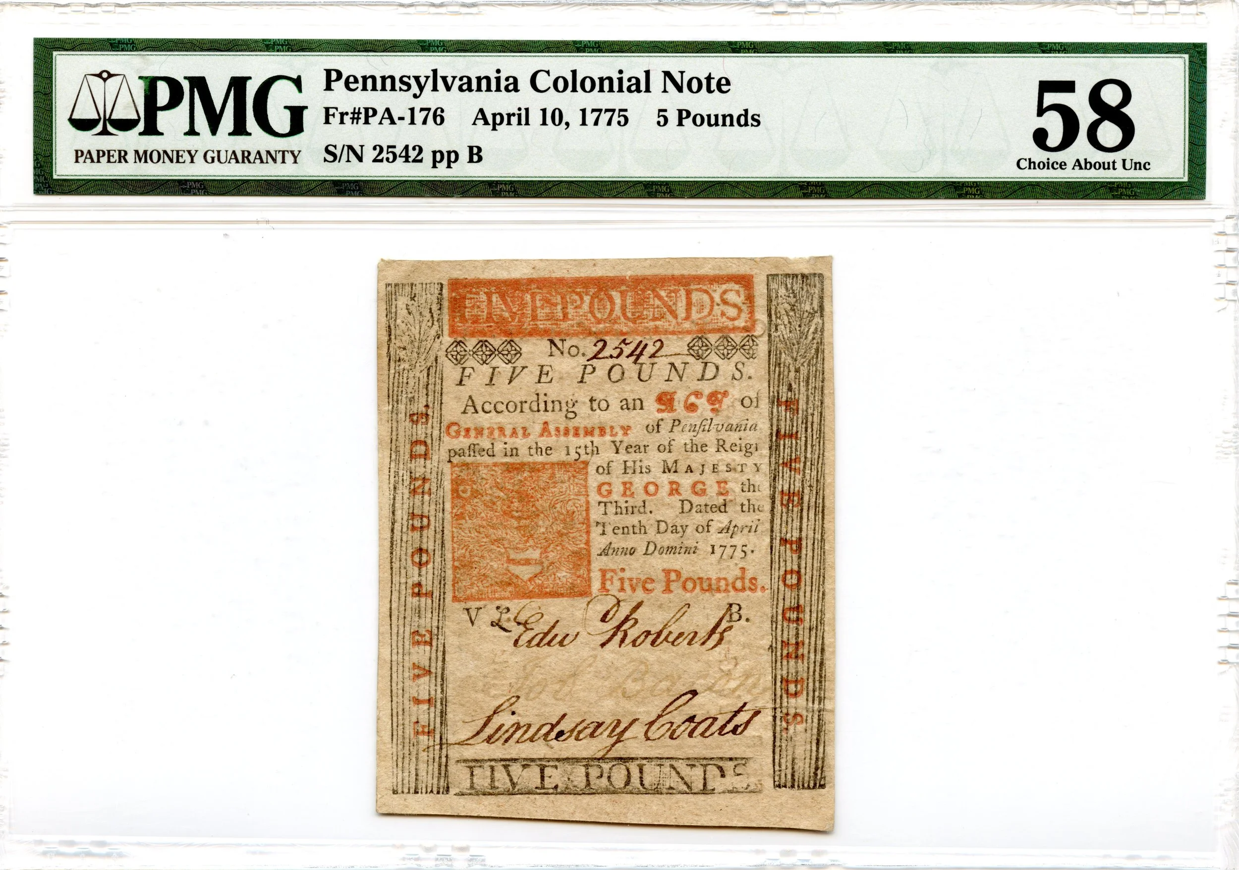 Pennsylvania Colonial Note Fr#PA-176 April 10, 1775 5P PMG AU-58 *Jail House*