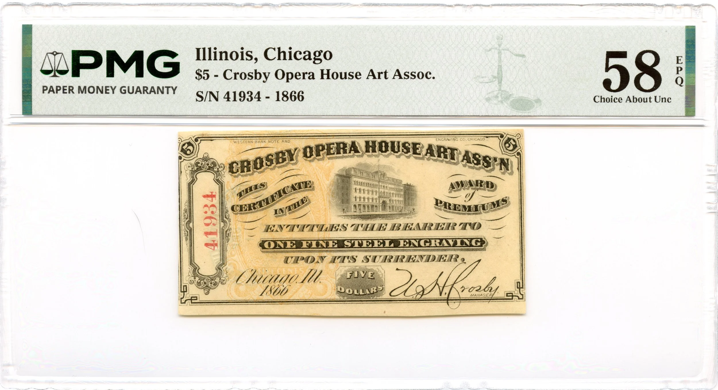 1866 $5 Chicago, Illinois Obsolete Note Crosby Opera House PMG AU-58 EPQ