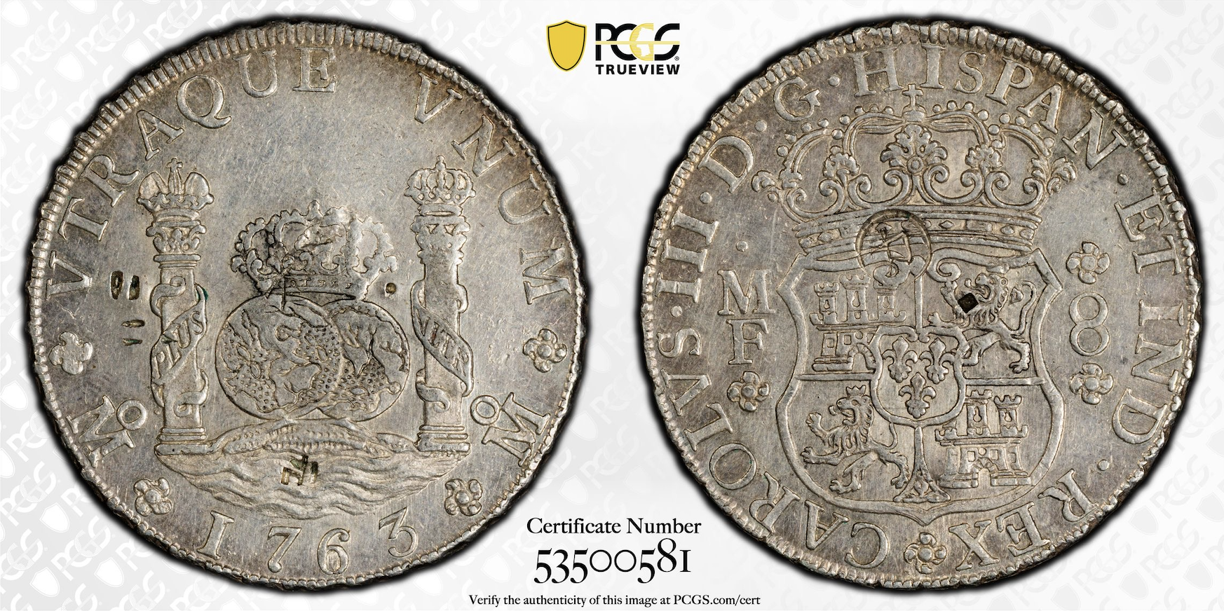 1763 Mo-MF 8 Reales Pillar Dollar Spanish Colonial Mexico PCGS AU *Chop Mark*