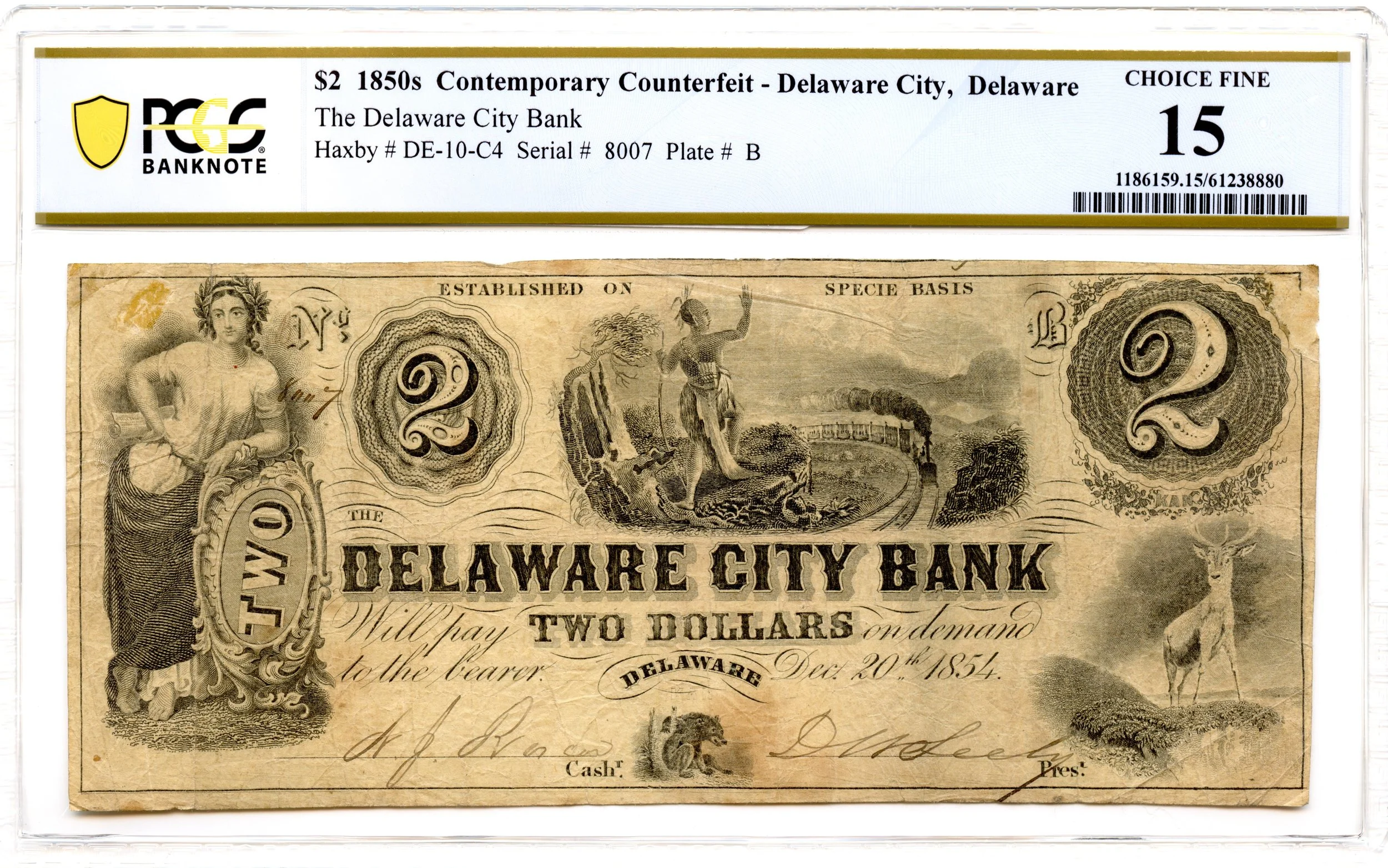 1854 $2 Delaware City, Delaware Obsolete Note Delaware City Bank PCGS F-15 *Contemporary Counterfeit*