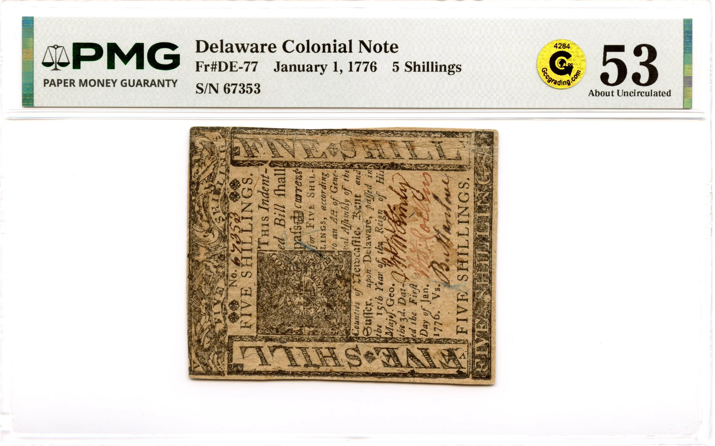 Delaware Colonial Note Fr#DE-77 January 1, 1776 5s PMG AU-53 GCC Gold *Exceptional*