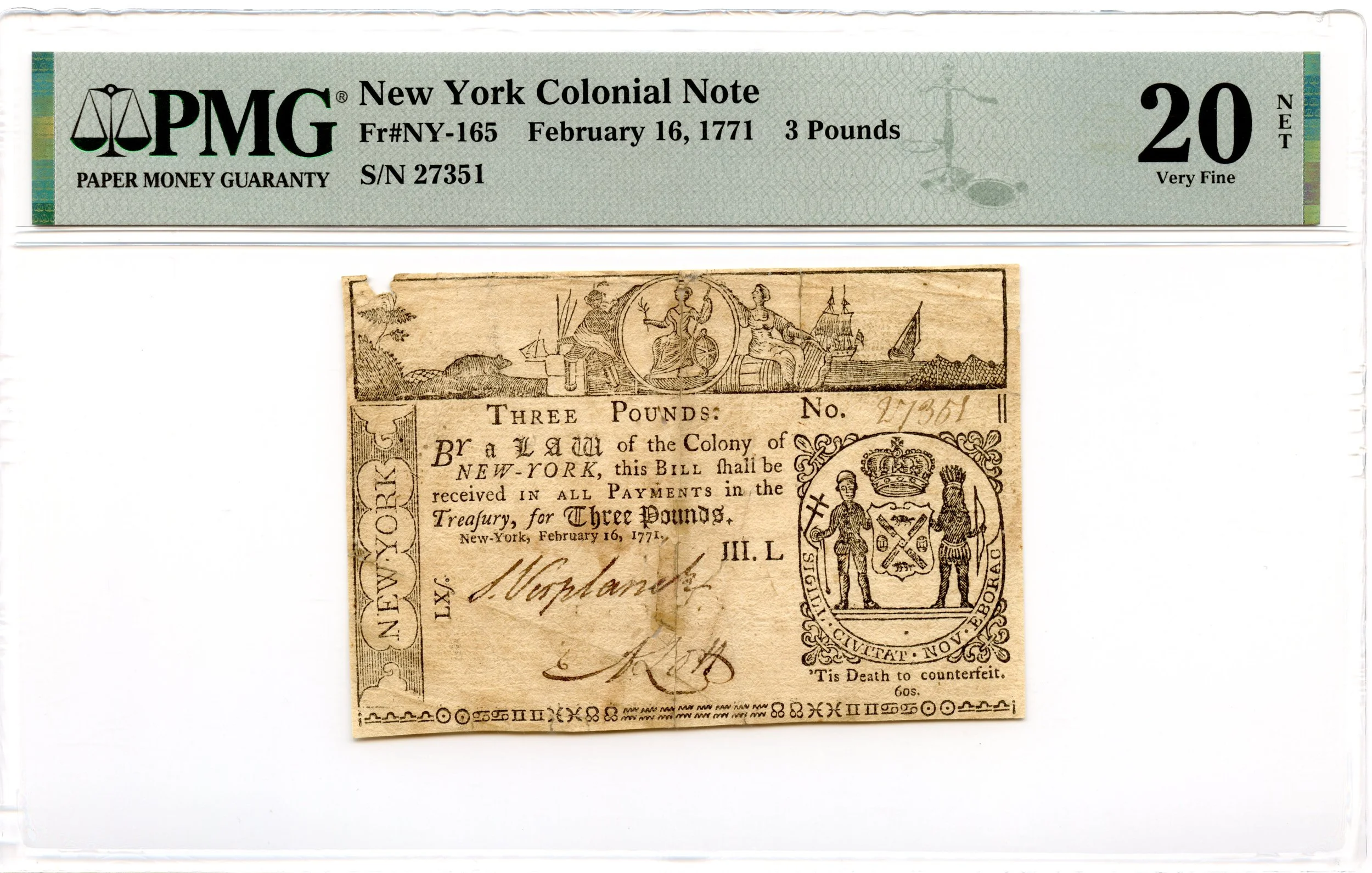 New York Colonial Note Fr#NY-165 February 16, 1771 3 Pounds PMG VF-20
