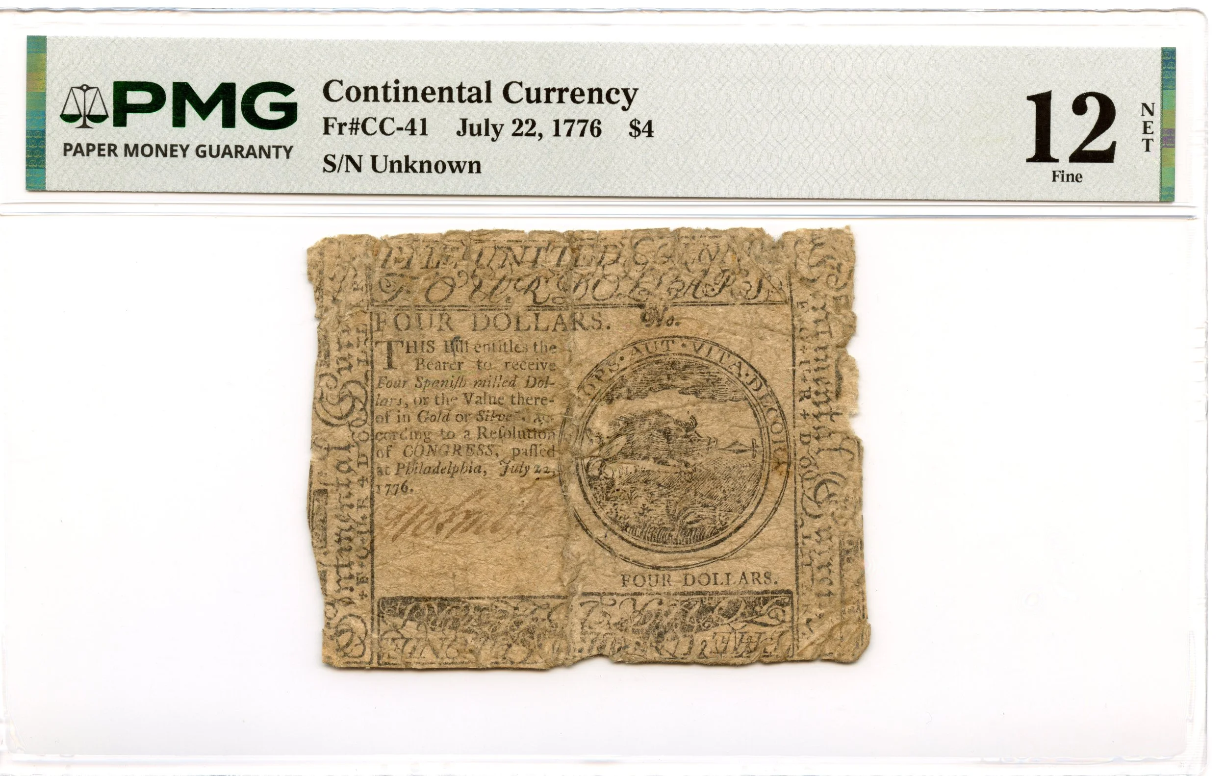 Continental Currency Fr#CC-41 July 22, 1776 $4 PMG F-12 *J.B. Smith Signature*