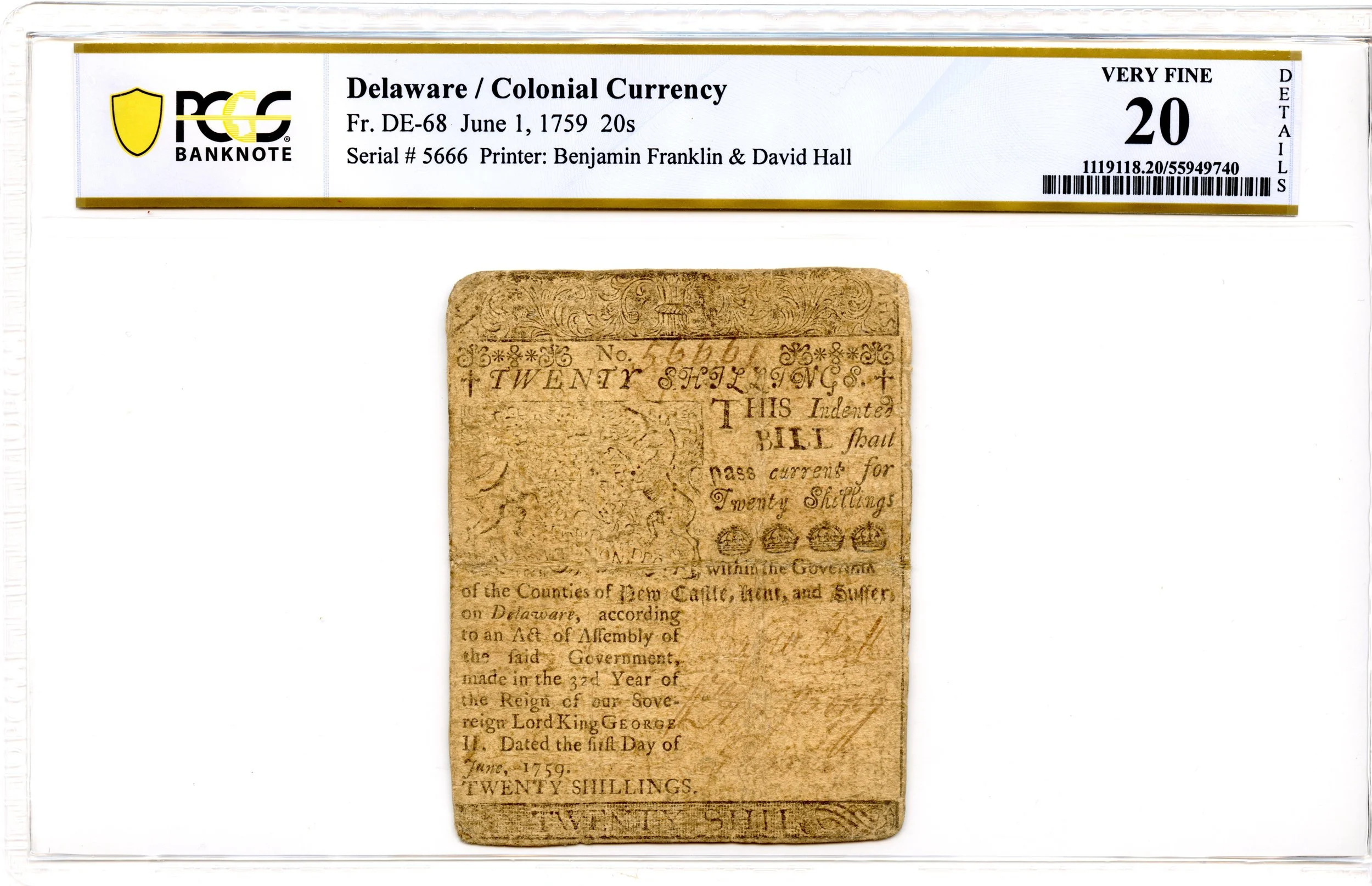 Delaware Colonial Note Fr#DE-68 June 1, 1759 20s PCGS VF-20 *Ben Franklin*