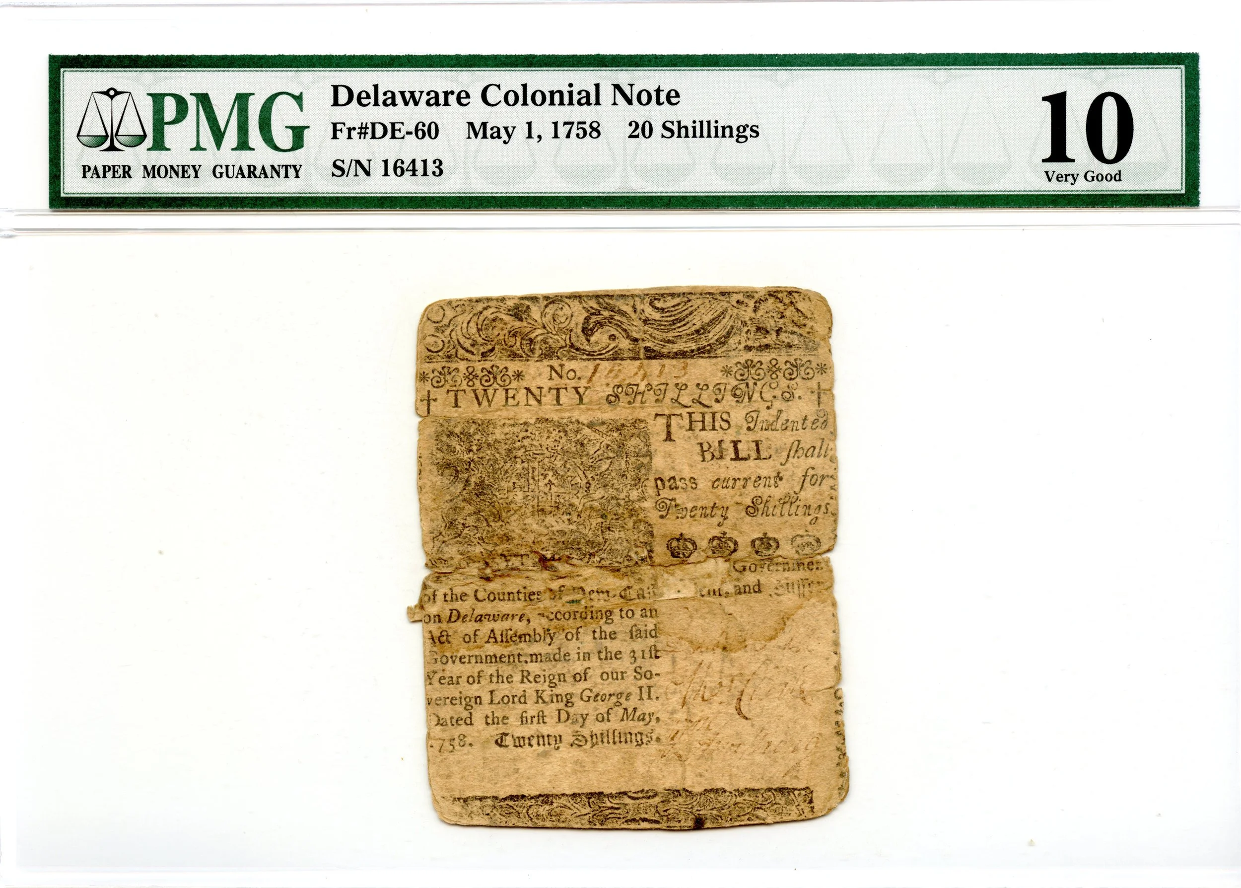 Delaware Colonial Note Fr#DE-60 May 1, 1758 20s PMG VG-10 *Ben Franklin*
