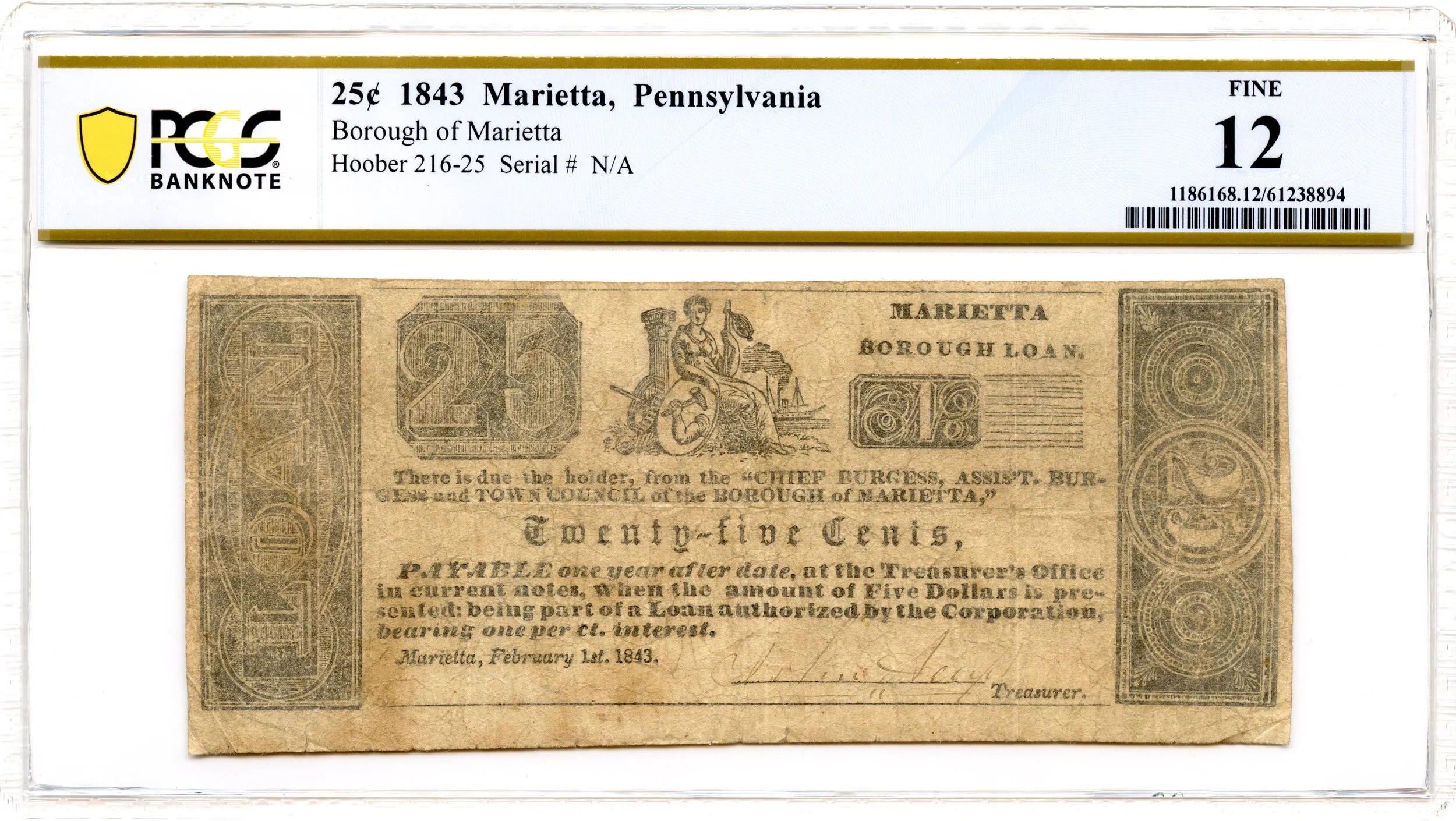 1843 25 Cents Marietta, Pennsylvania Obsolete Note Borough Loan PCGS F-12 *Scarce*