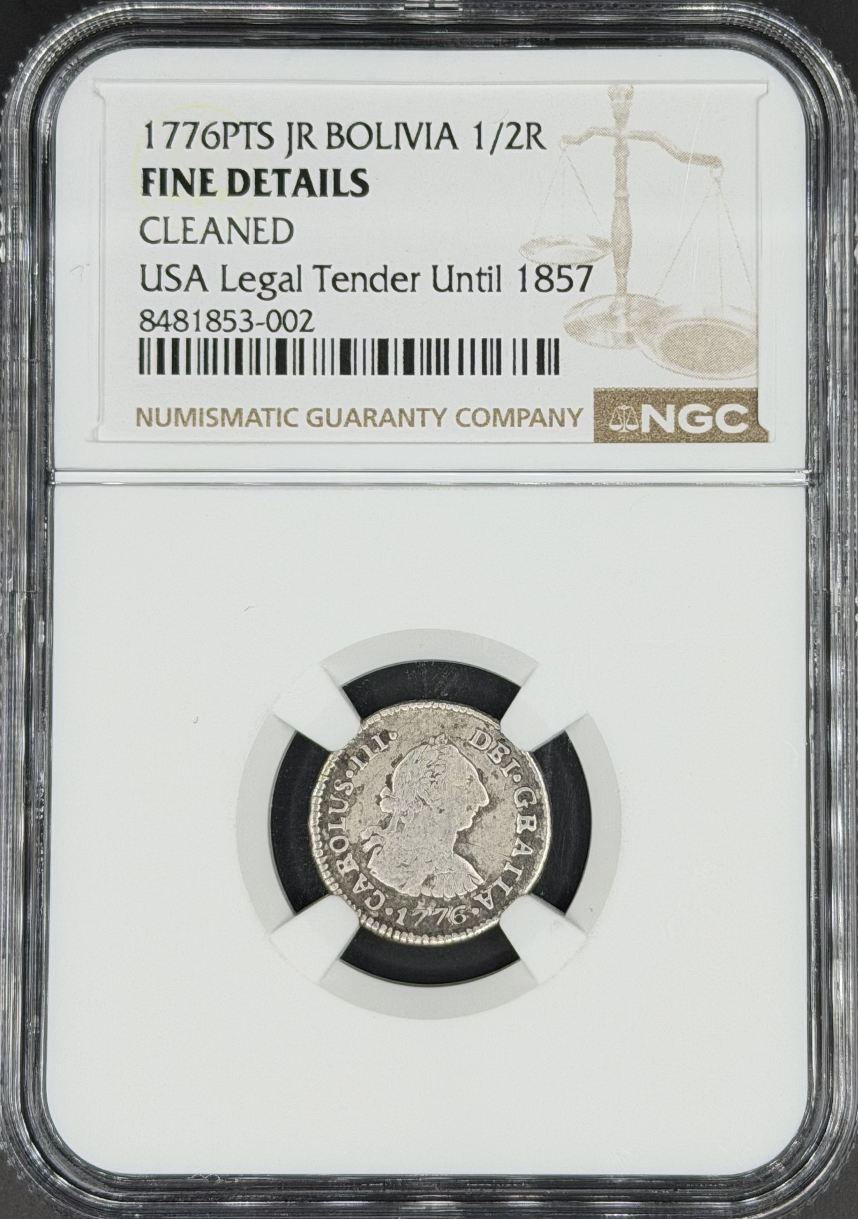 1776 PTS-JR 1/2 Real Spanish Colonial Bolivia, Potosi NGC F *U.S. Legal Tender*