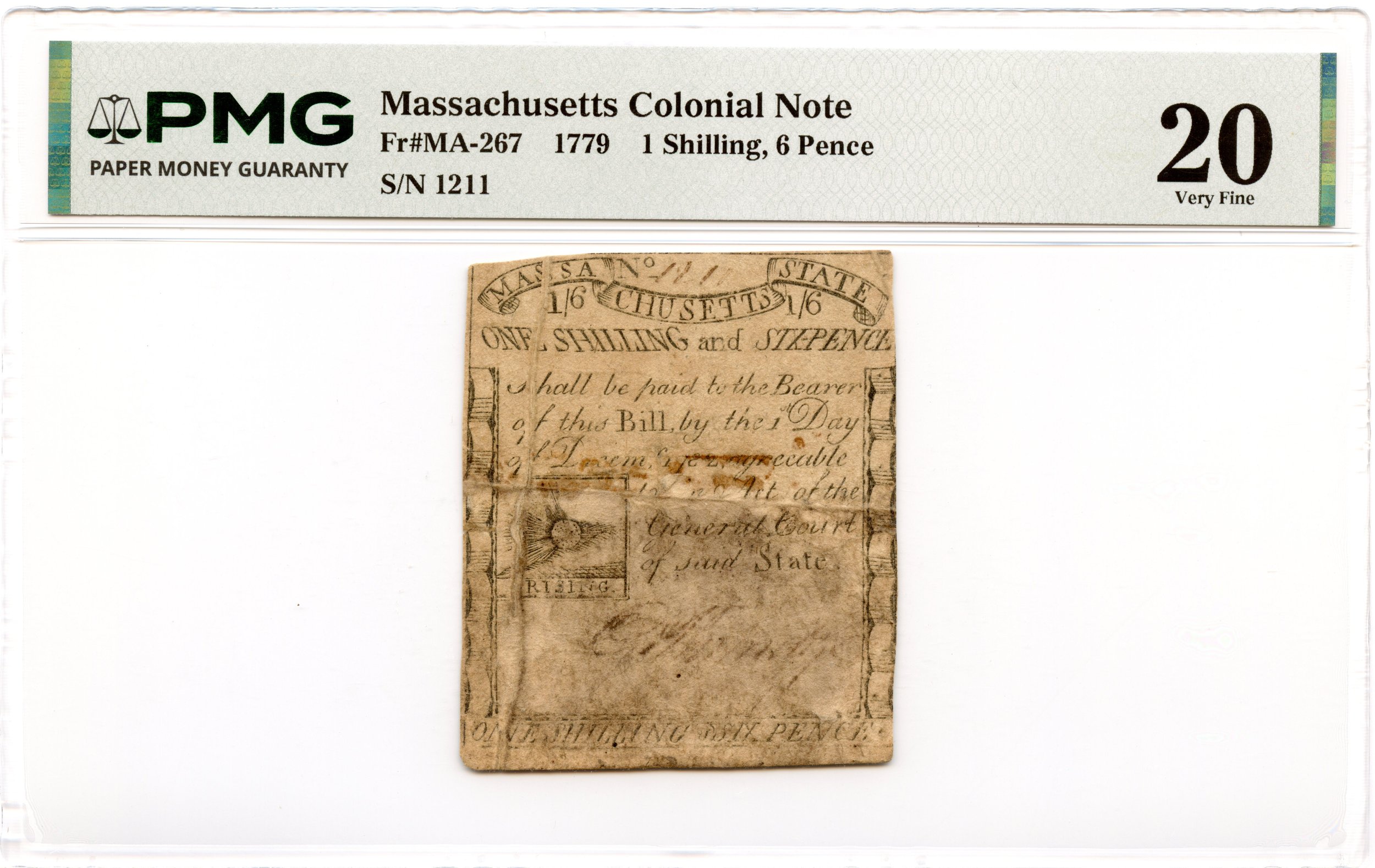 Massachusetts Colonial Note Fr#MA-267 1779 1s6d PMG VF-20 *Paul Revere Sun*