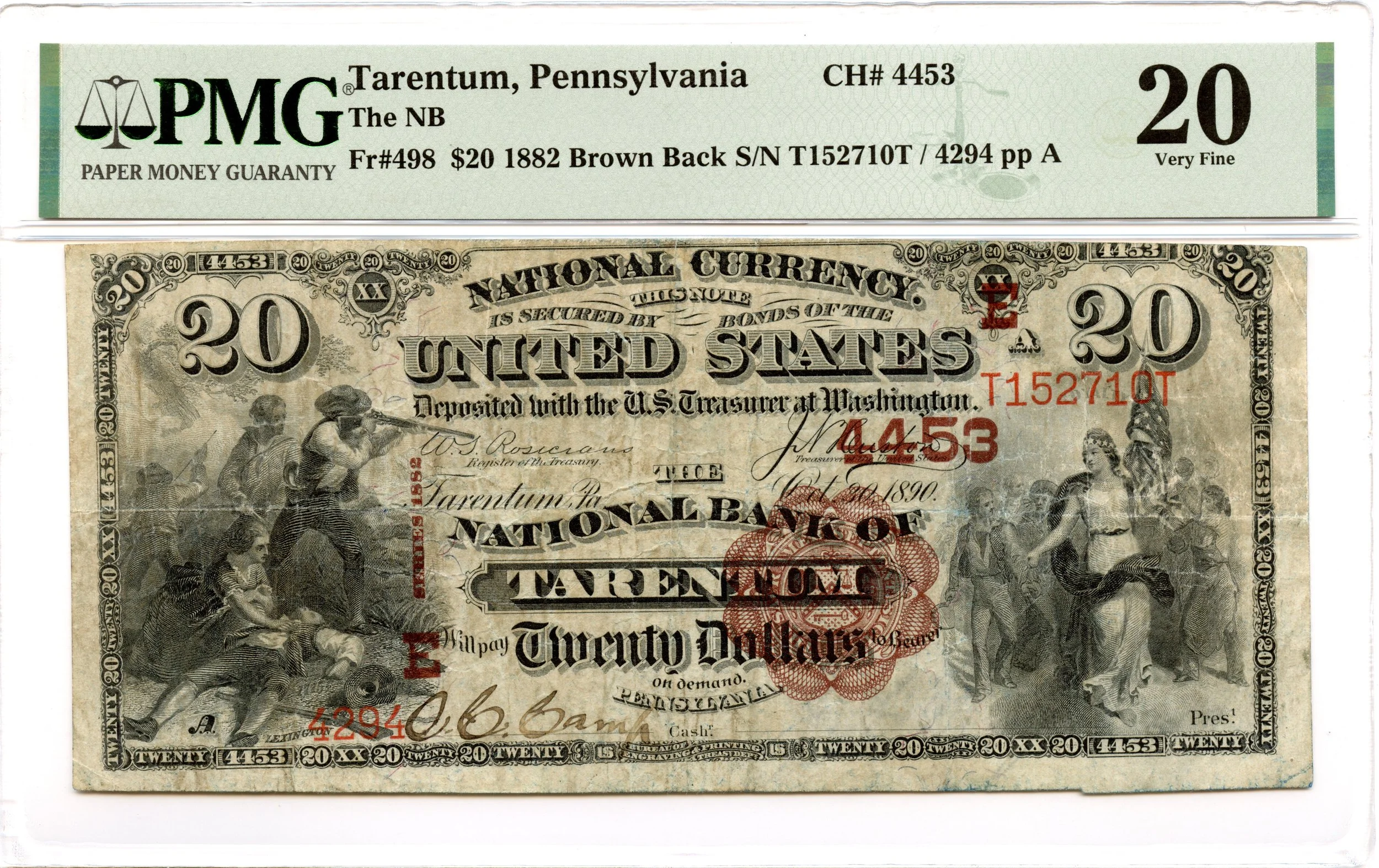 1882 $20 National Brown Back Fr#498 NB Tarentum, Pennsylvania CH#4453 PMG VF-20
