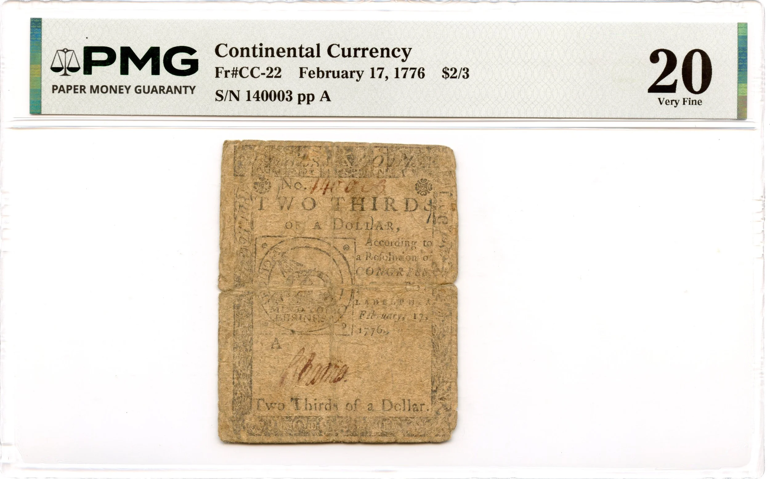 Continental Currency Fr#CC-22 February 17, 1776 $2/3 PMG VF-20 *Fugio Note*